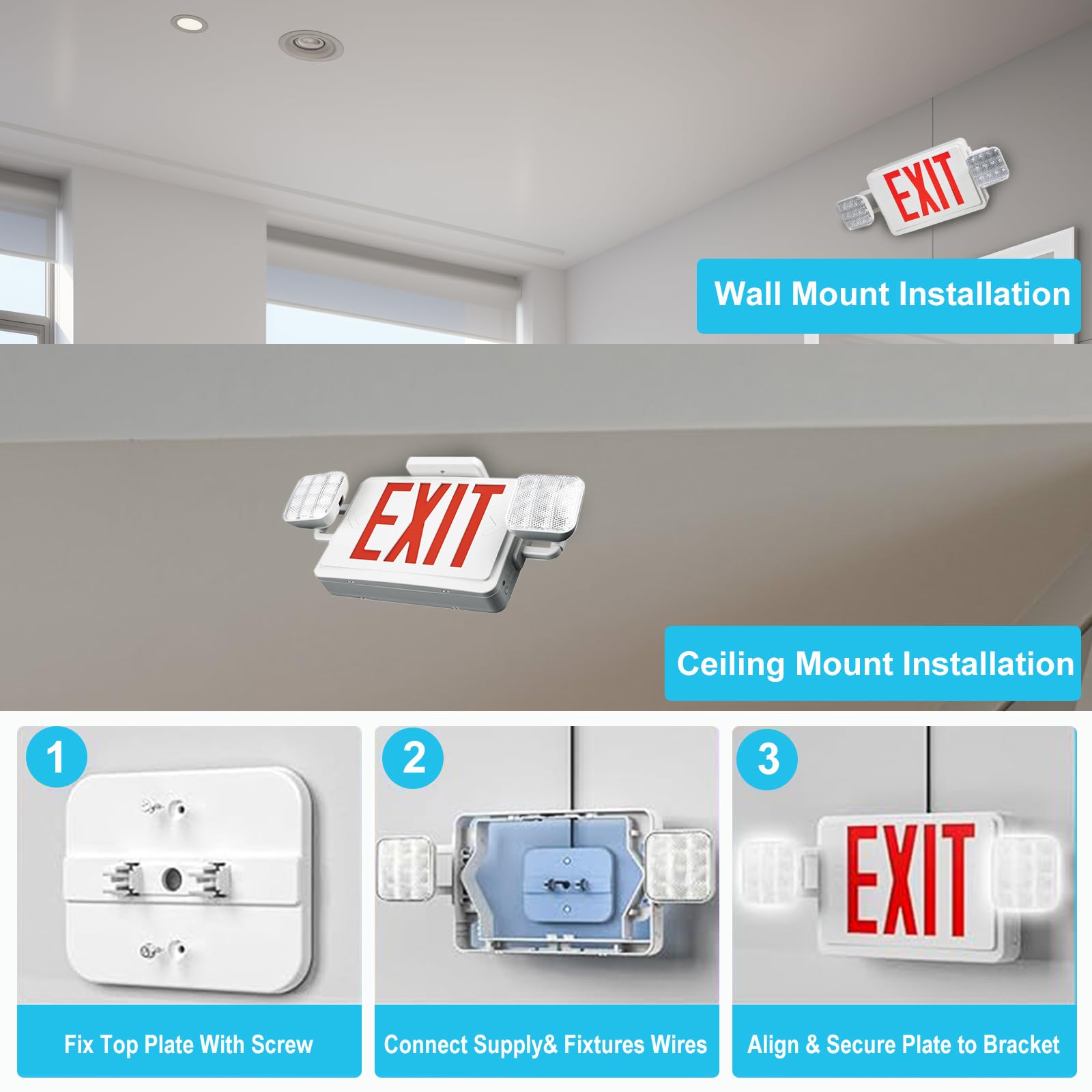 Double Sided Led Emergency Exit Sign, Remote Capable, Two Led Flood Lights, Backup Battery, Us Standard Red Letter Emergency Exit Lighting, Commercial Grade, 120-277V, Fireresistant(Ul 94V-0) (6 Pack)