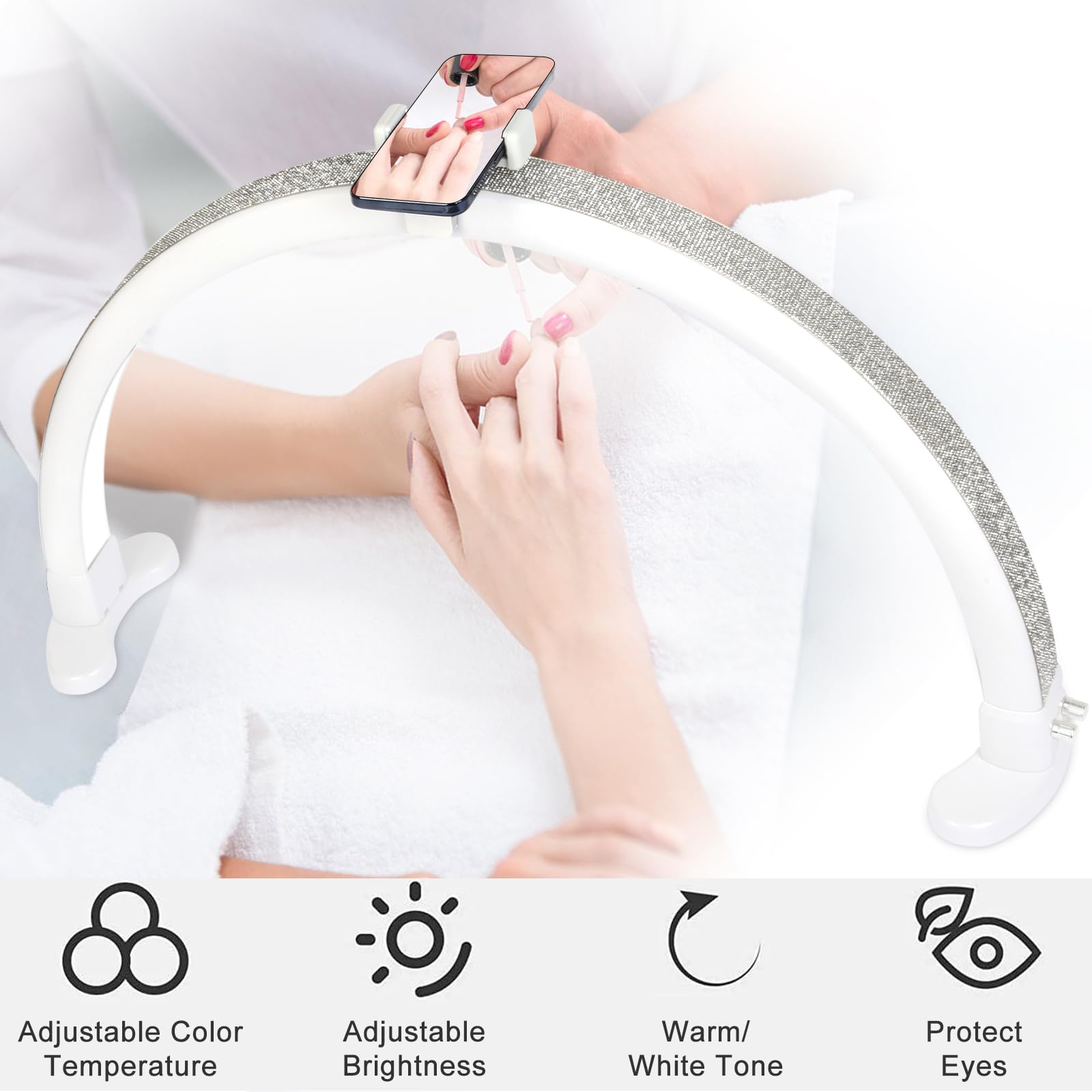 Ciyebst Half Moon Light With Phone Holder, 29 In 48W Nail Desk Lamp, Lash Light For Eyelash Tech, Makeup, Tattoo, Spa, Salon, Na