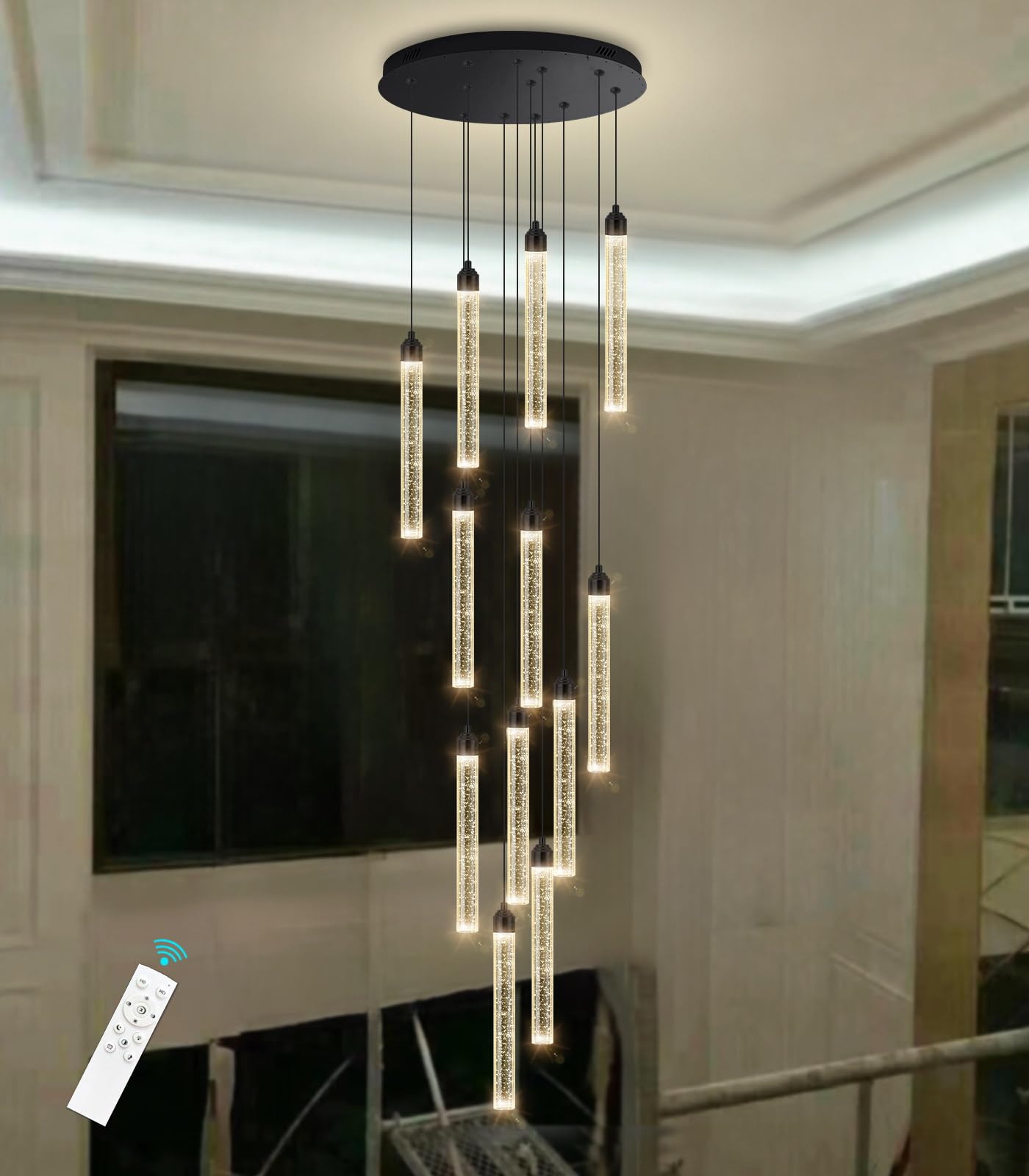 dolria 12-Lights Black Chandelier - Dimmable Modern Flush Mount Crystal Pendant Light for High Ceilings, Model PC0008