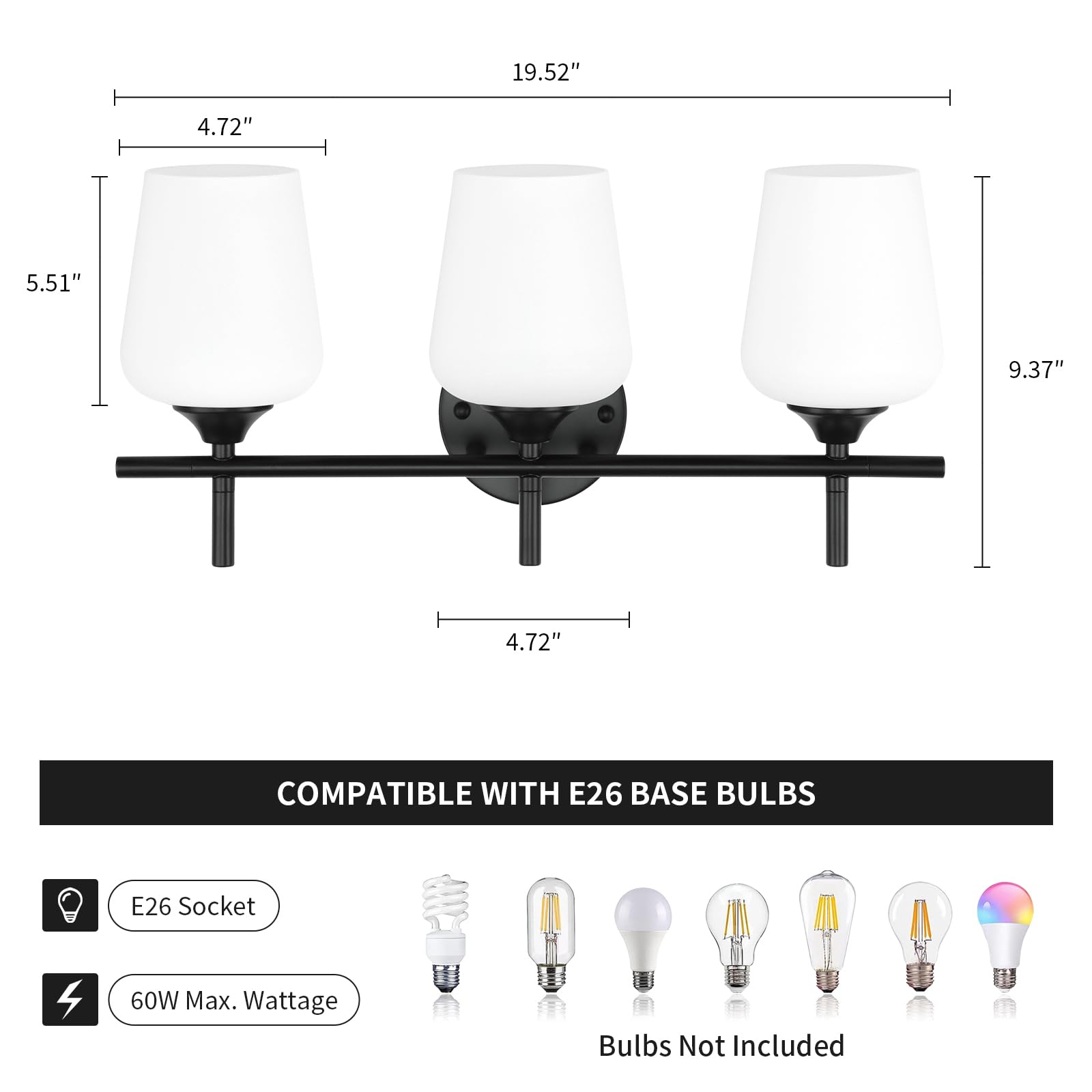 foucasal 3-Light Bathroom Vanity Light Fixture, Modern Black Metal with Milky Glass Shade