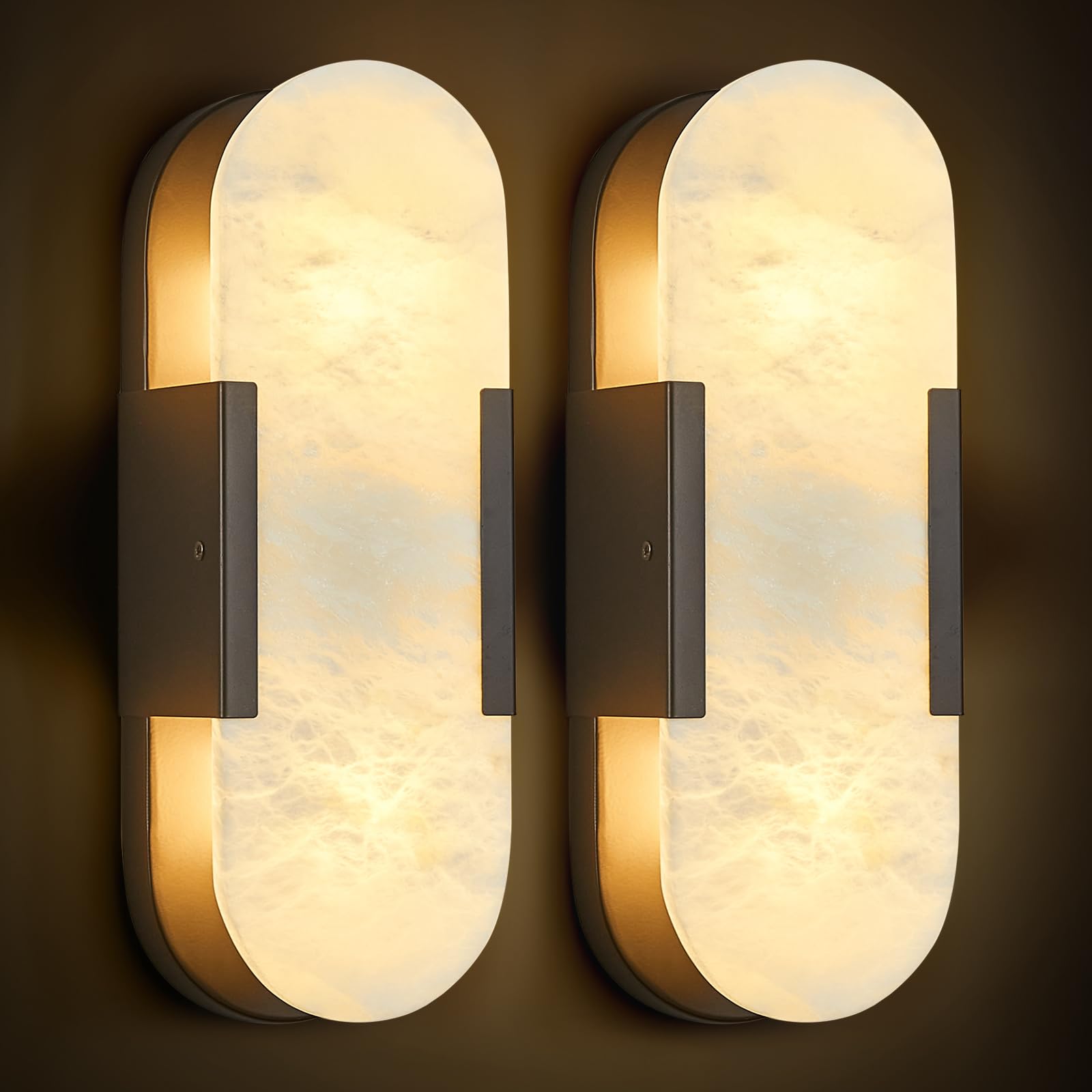 PNJXSRJH Natural Alabaster Wall Sconces Set of Two, Modern Marble Black Wall Sconce 14 inch Indoor Wall Lighting for Bedroom Bat