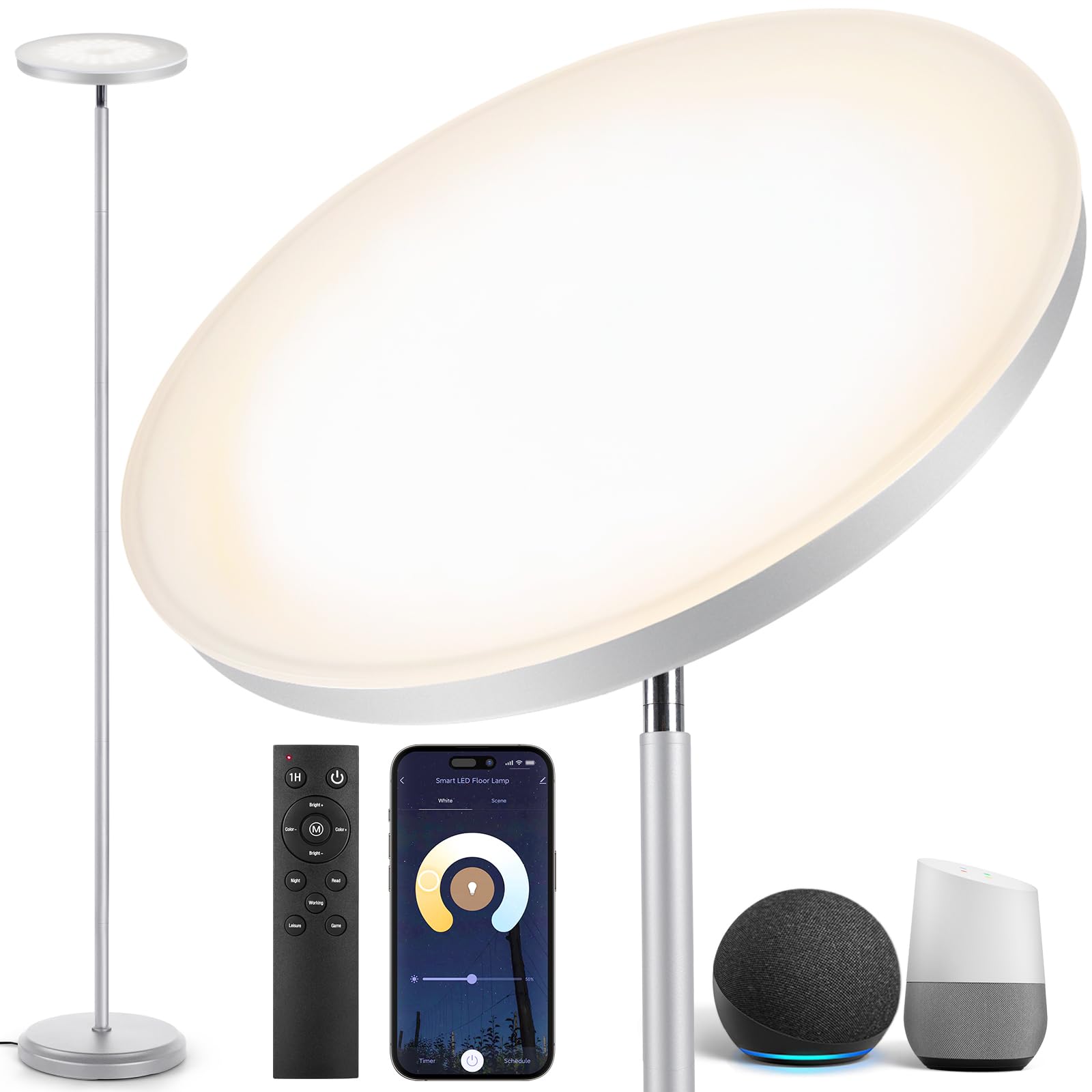 OUTON Smart LED Floor Lamp, 30W Dimmable, Alexa/Google Compatible, Silver Grey, Model MF18228