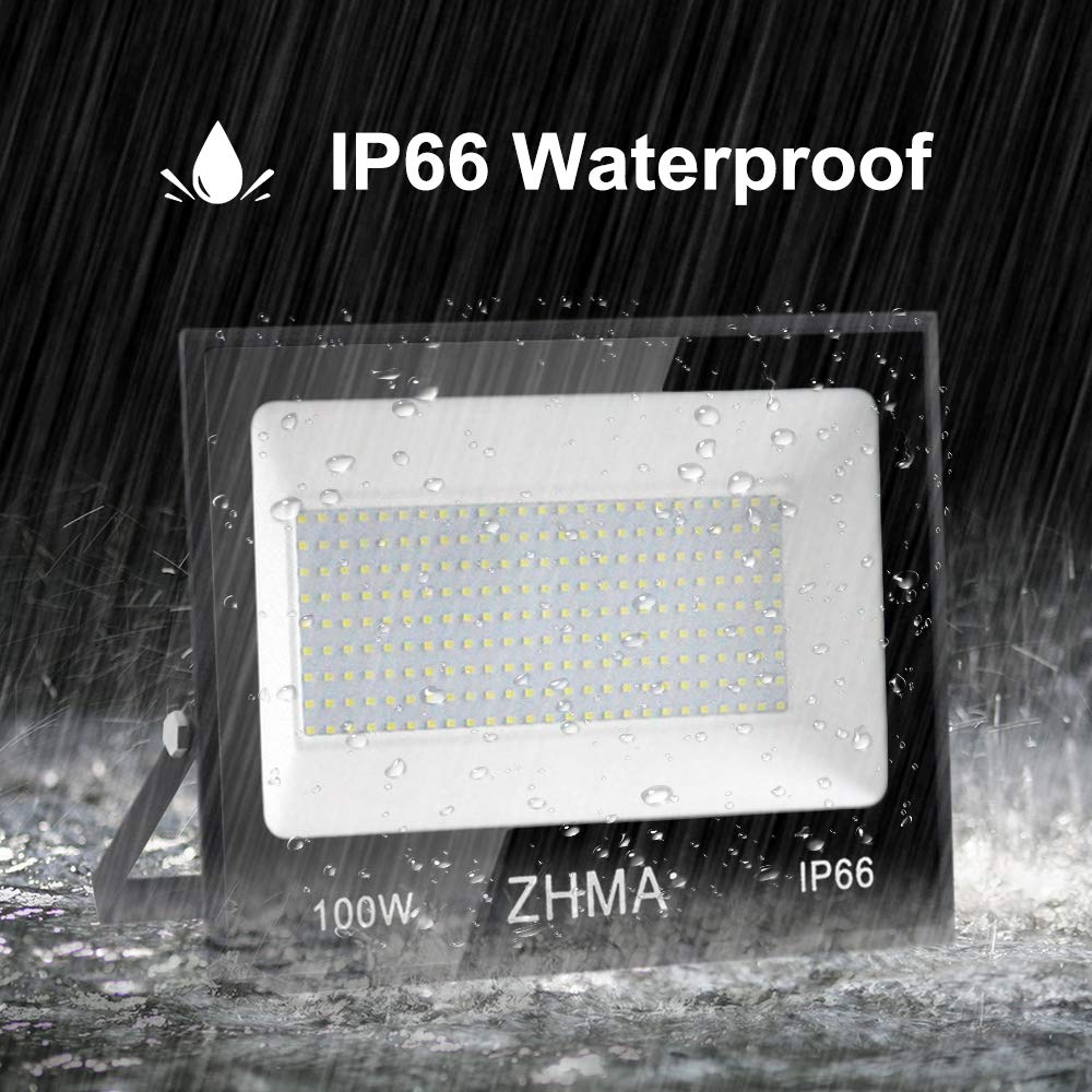 ZHMA 100W LED Flood Lights Outdoor, 9000LM Bright, IP66 Waterproof, 2 Pack, 6500K White for Garage, Yard, Garden, Basketball Court
