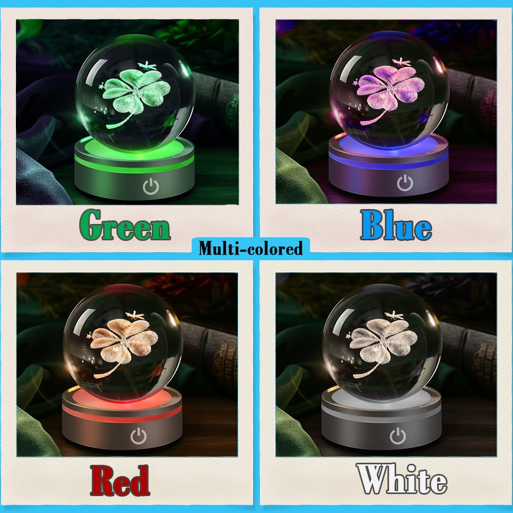 Ifolaina Crystal Ball Lamp  3D Four Leaf Clover K9 Decorative Night Light  Clear  3.15 Inches  Rechargeable Usb  Ideal Gift For Her Birthday  Wedding  Anniversary