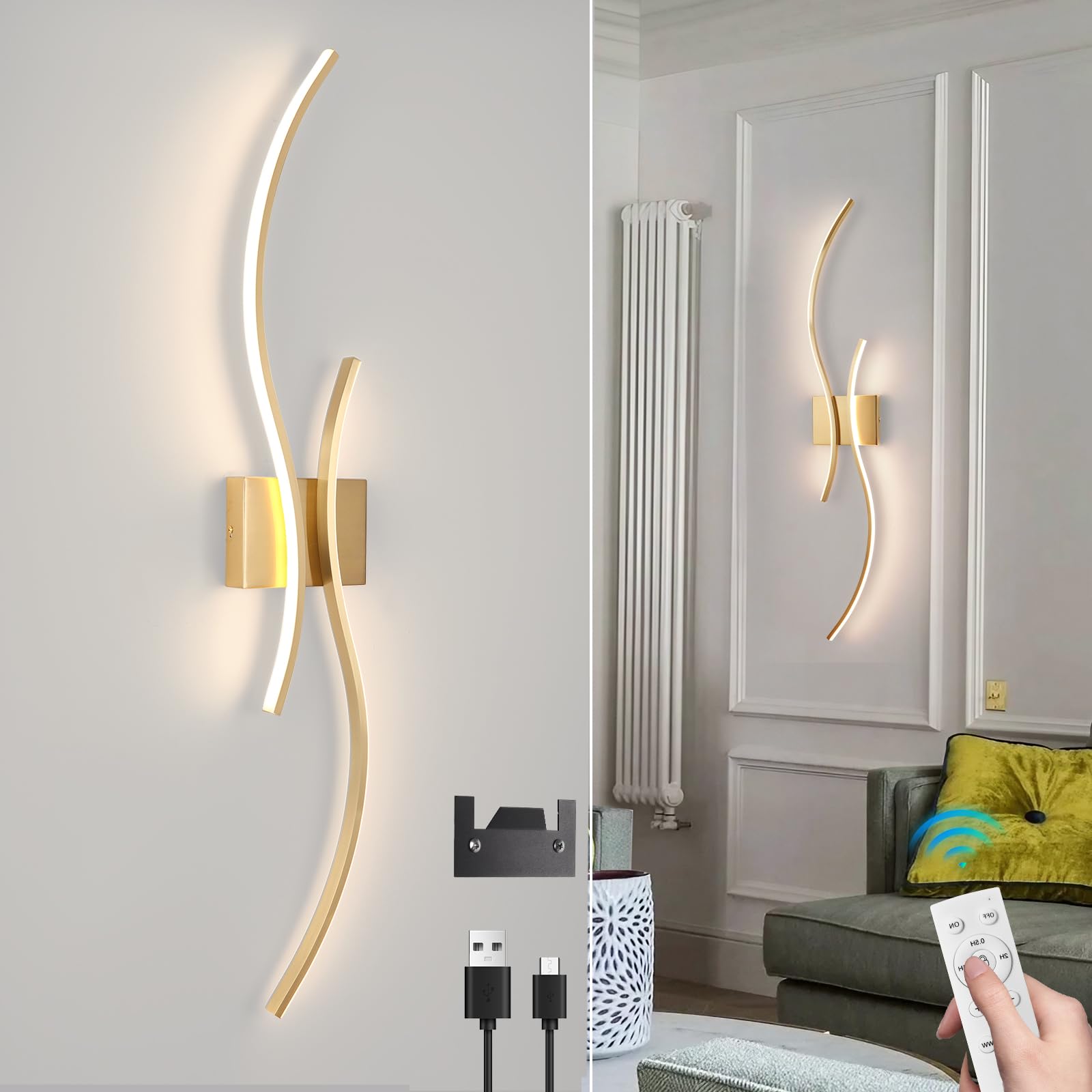 CANEOE Battery Operated Wall Sconce, Remote Control, 3000K-6000K LED, 31.5inch, Gold, Model WL-80SBLGD-DC,