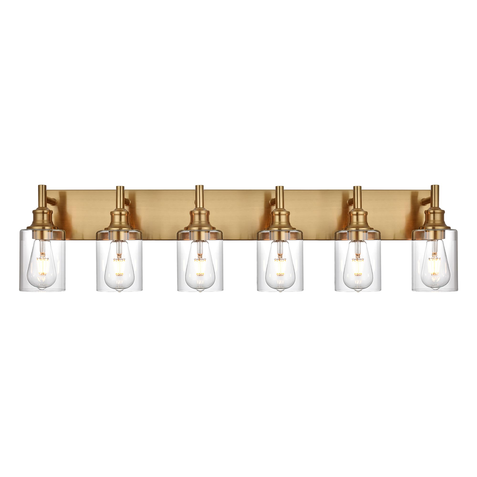Wanluce 6 Light Vintage Brushed Brass Bathroom Lighting Fixtures Over Mirror With Clear Glass Shades, Farmhouse Wall Sconces Lig