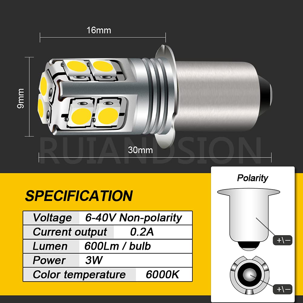 Ruiandsion LED Flashlight Bulb P13.5S Base, 6-40 Volt White Replacement for Lanterns & Work Lights, 1 Count