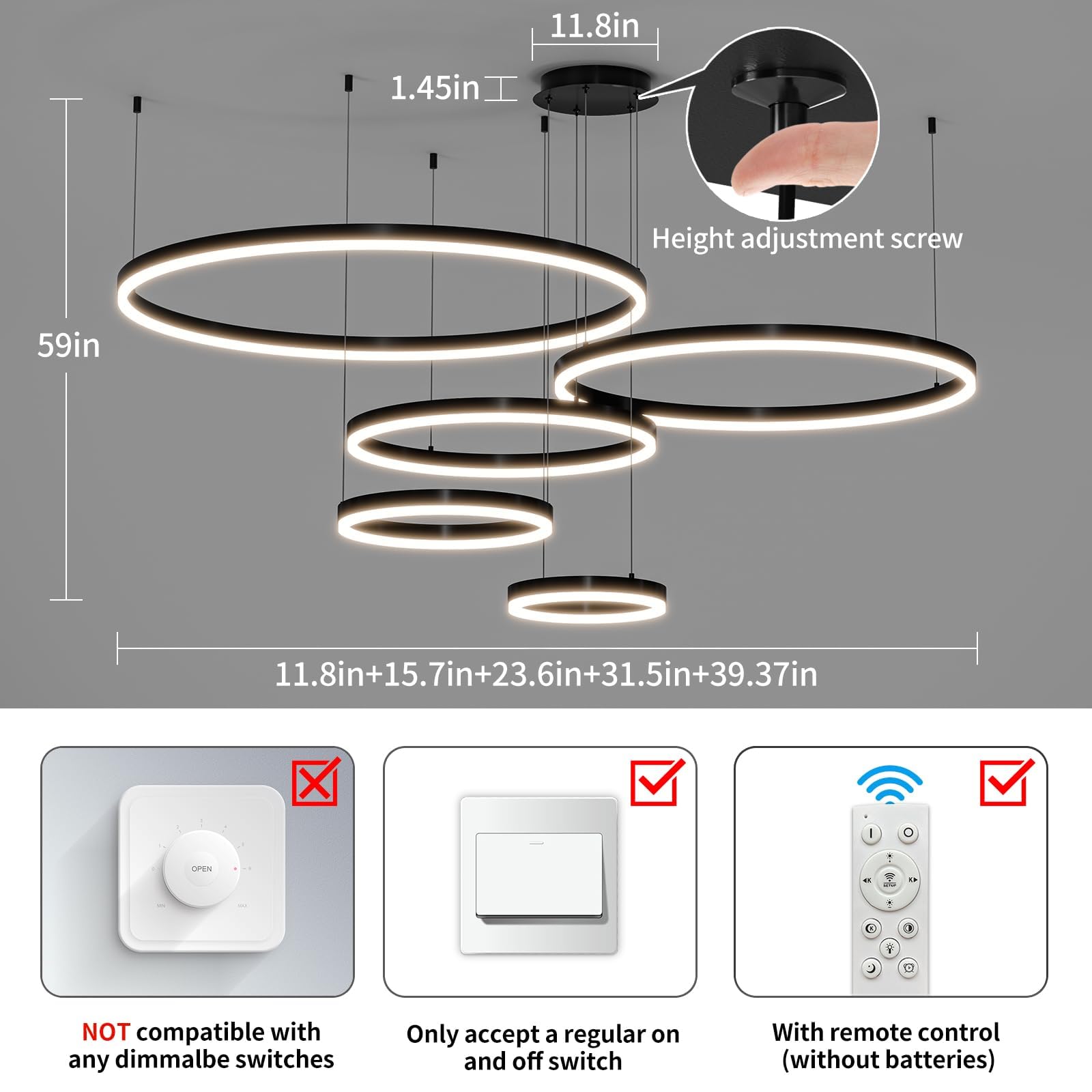 Mikeru Modern LED 5 Ring Chandelier, Remote Control, Adjustable 3000K-6500K, 11.8-39.5IN, Aluminum, A-Black, Model