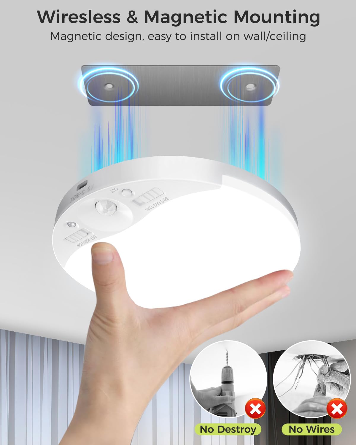 Hepside Rechargeable Motion Sensor Ceiling Light, Dimmable, 3000K/4000K/6500K, White, Battery Powered, 1 Pack