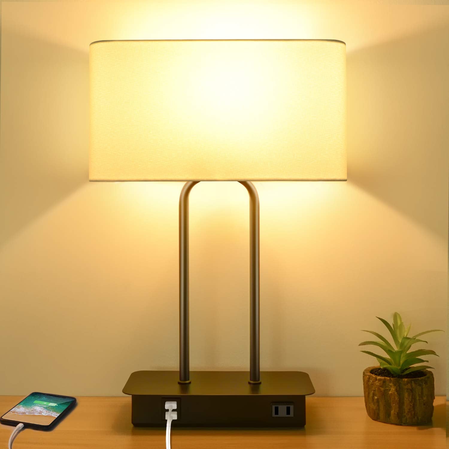 Beslowe 3-Way Dimmable Touch Control Table Lamp With Usb Ports & Ac Outlet, White Fabric Shade