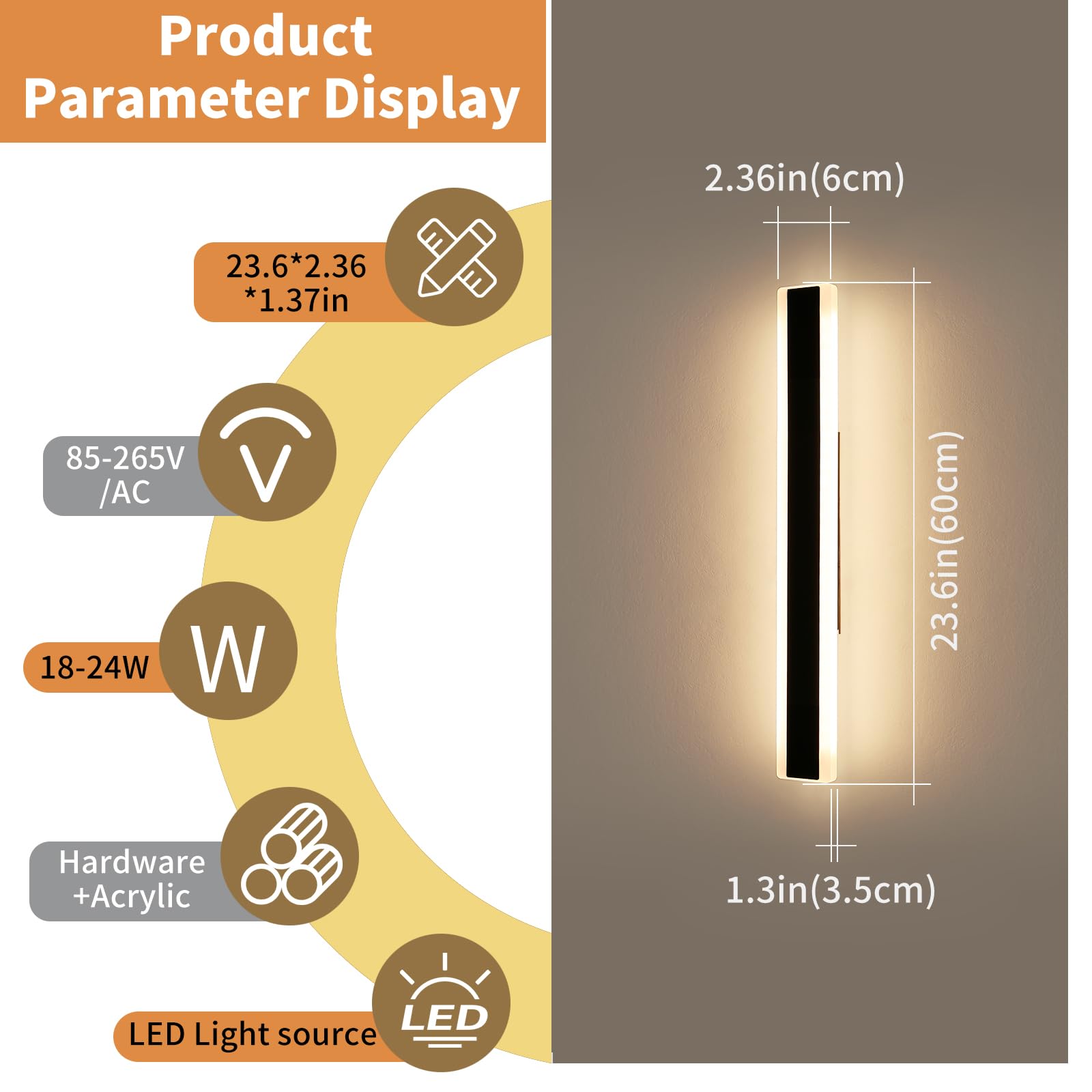 Daoseolo 23.6inch Outdoor Wall Sconce, Dimmable LED Light, IP65 Waterproof, Remote Control, Model TC-FTBD-1112