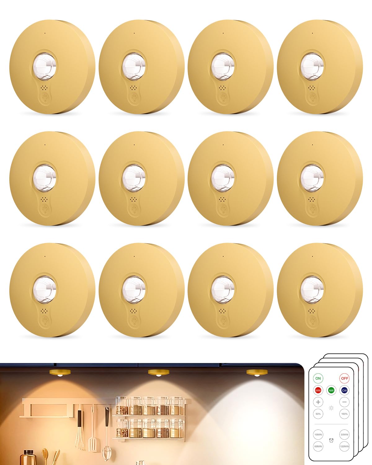 Aokpsrt Rechargeable Puck Lights With Remote Control, 1500mAh Battery Operated Tap Lights, Dimmer & Timer Under Cabinet Light, W