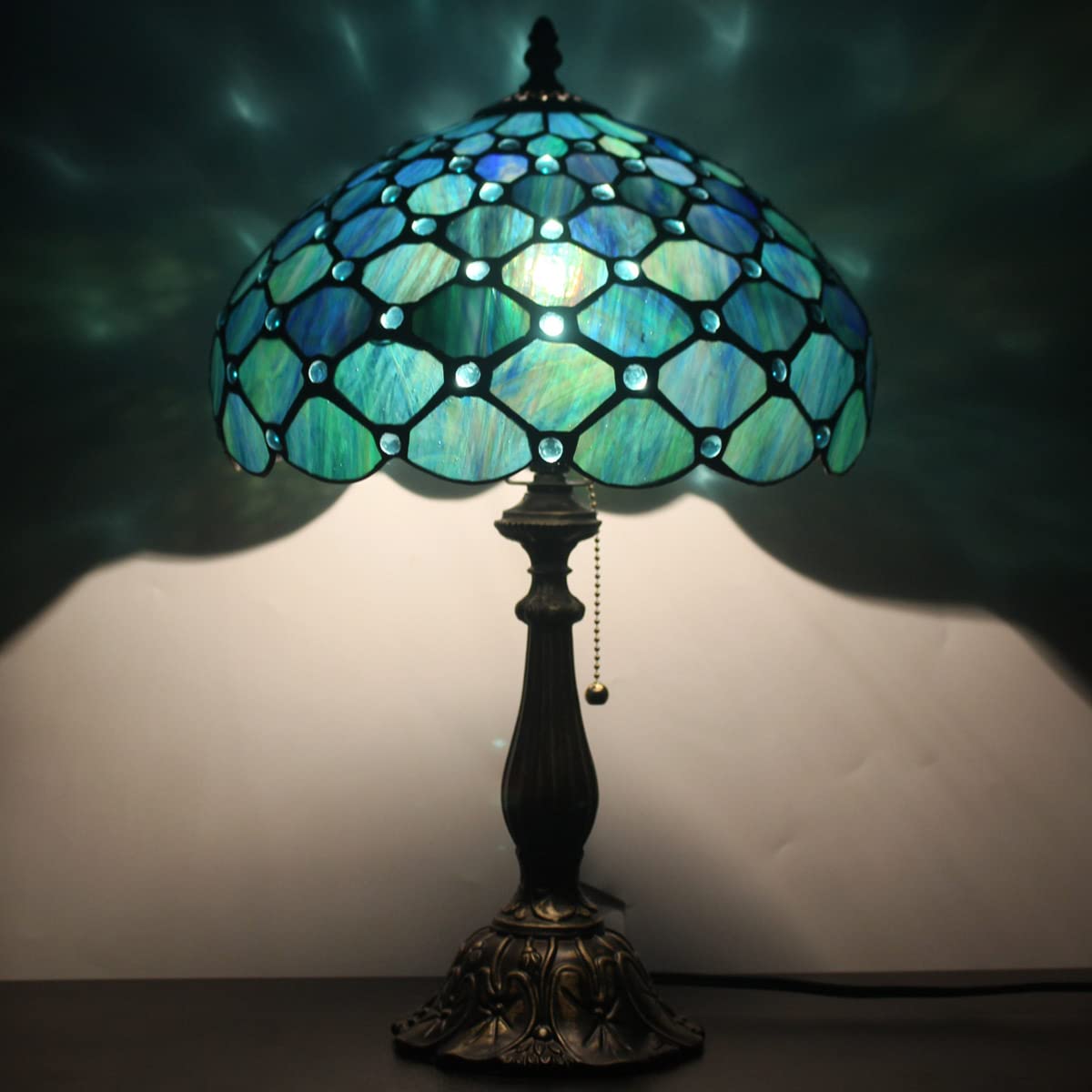 ZJART Tiffany Table Lamp - Antique Stained Glass Reading Light, 12x12x19 Inch, Sea Blue Pear