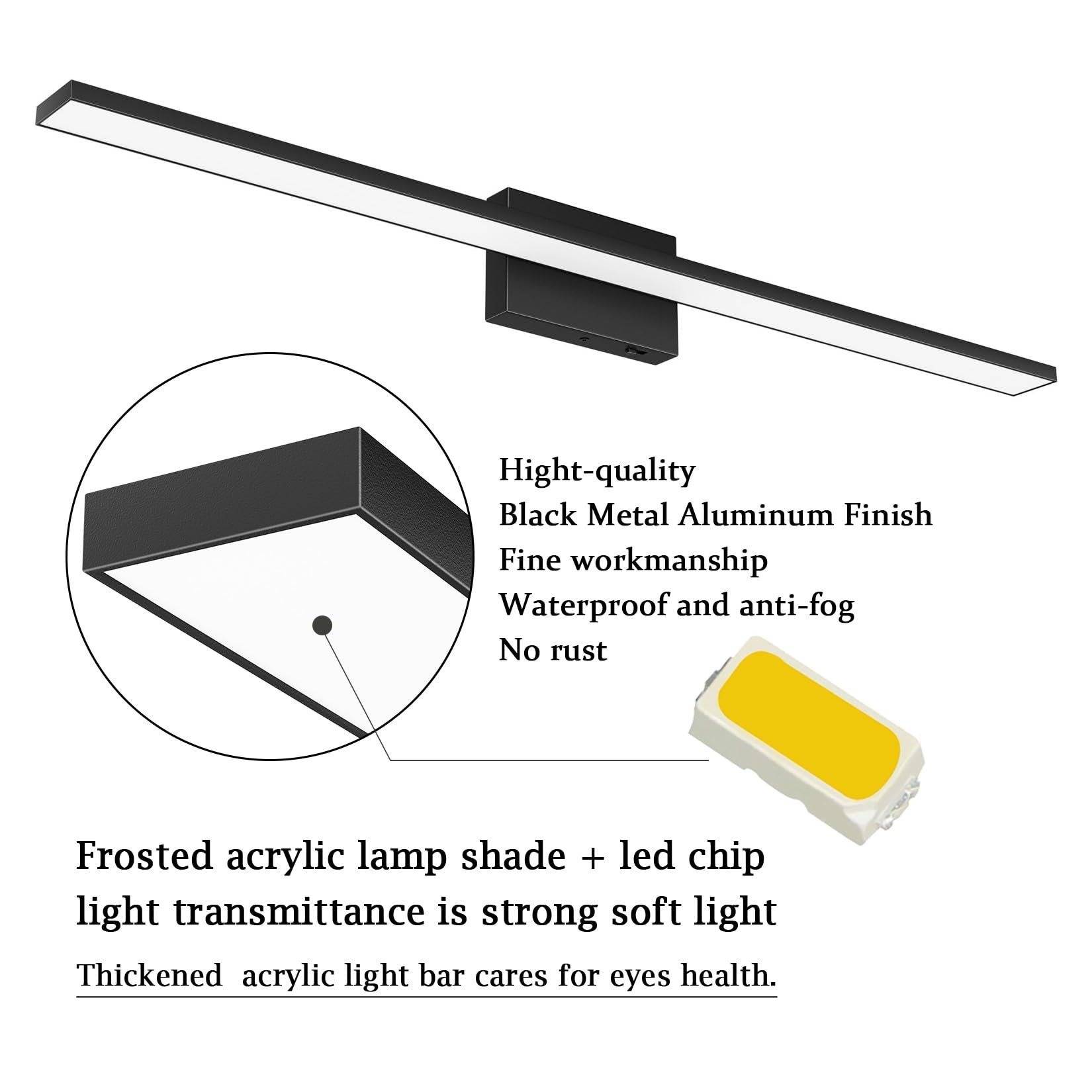 Ralbay Bathroom Vanity Light Bar, 30W Dimmable LED, 40 inch, Black, 5 Color Temperature, Model 6102-Light, Acrylic