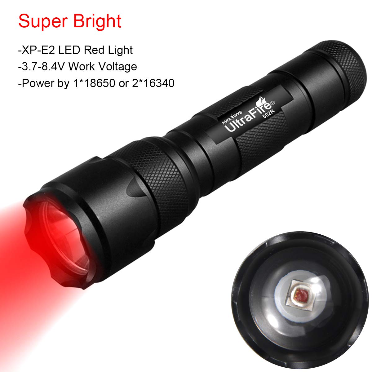 ULTRAFIRE WF-502R Red LED Flashlight, Zoomable, Adjustable Focus, Aluminum, Single Mode, 630nm, Hunting Light