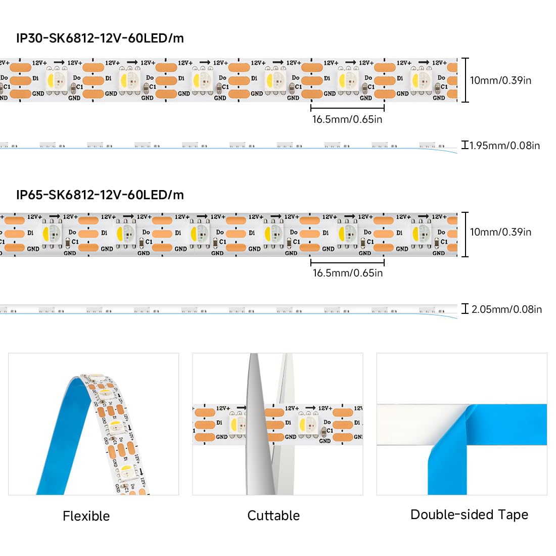 Btf-Lighting Sk6812(Similar Ws2812B) Rgbw Rgb+Warm White(3000K) Individually Addressable Dc12V 16.4Ft 60Led/Pixels/M 4 Colors In 1 Light Dream Color Led Strip Ip65 White Pcb(No Adapter Or Controller)