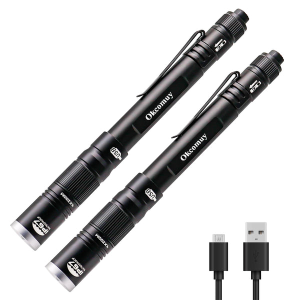 okcomuy Rechargeable Pen Light Flashlight, IP67 Waterproof, 2 Pack, Black, Aluminum, Model PL-9266, Zoomable for Work & Inspection
