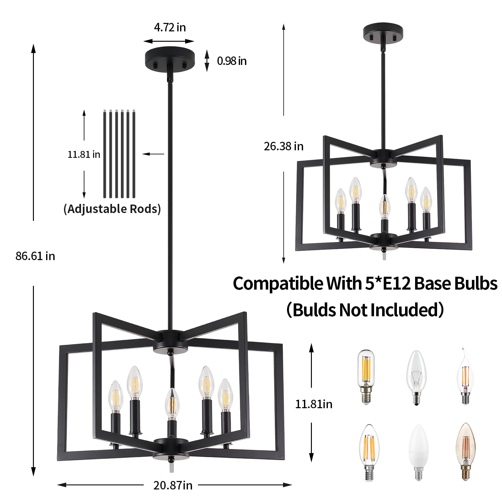 Miaybph Black Chandelier, 5-Light Dining Room Light Fixture Geometric Metal Modern Industrial Chandelier Lighting For Farmhouse Living Room Entryway Kitchen (Black, E12 Bulbs Not Included)
