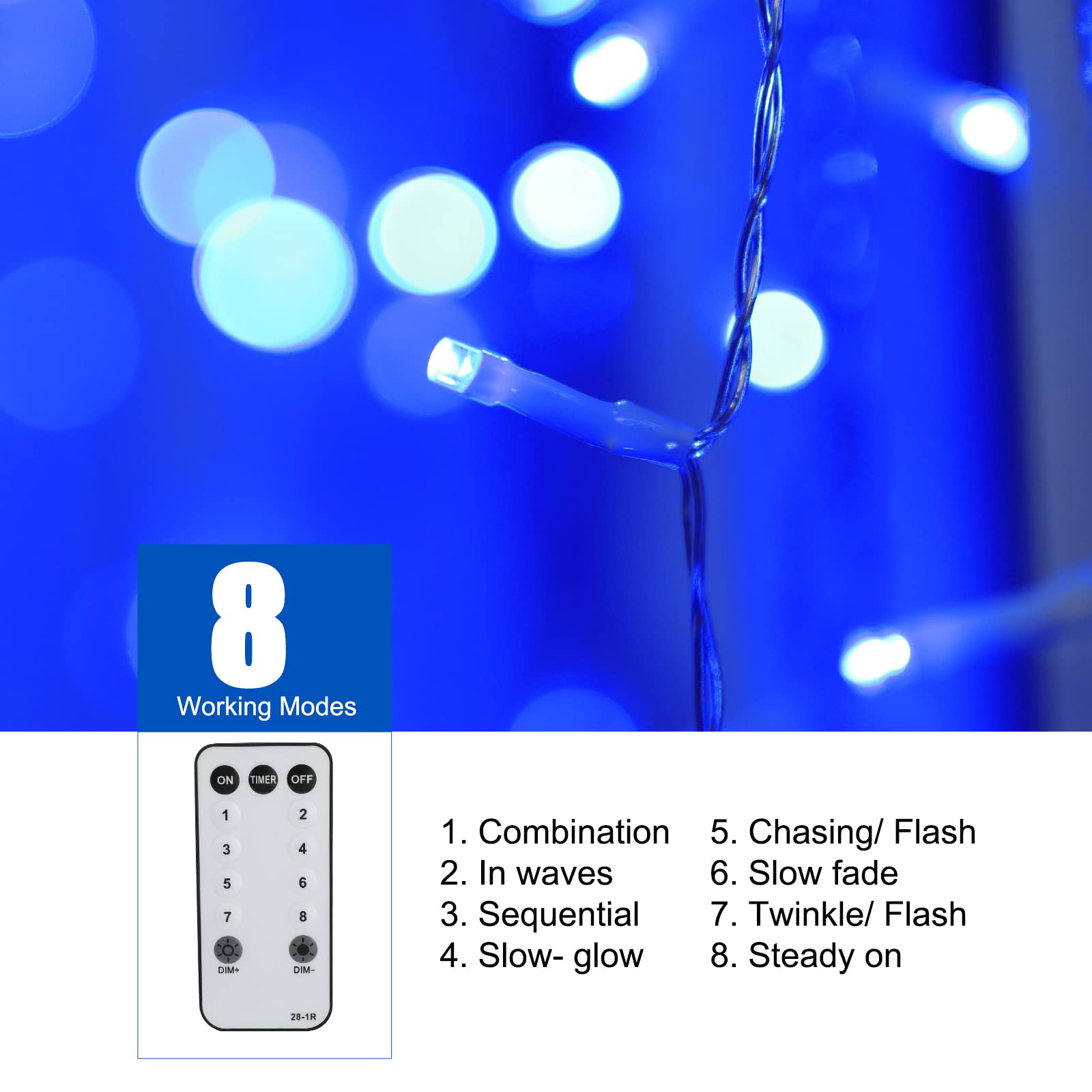 Brightown Blue Icicle Lights, 66Ft 736 LED, 8 Modes with Remote, Outdoor Decor, Model DMO-300