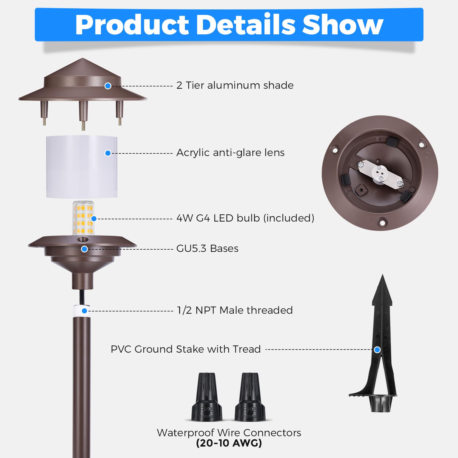 Gardencoin Low Voltage Landscape Pathway Lights, 12V LED, Aluminum, Bronze, 6-Pack, 4W G4 Bulb, 2-Tier Lantern, Model APC-930