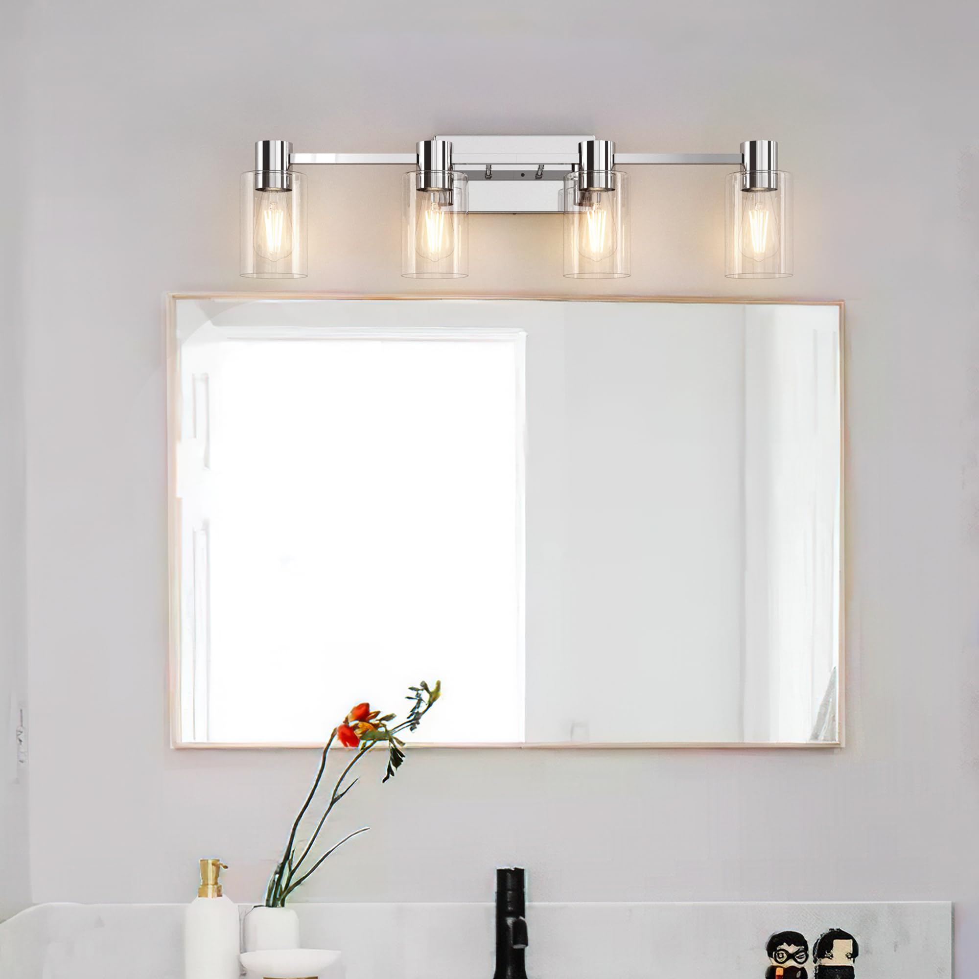 Esfos 4-Light Modern Vanity Light Fixture, Polished Chrome, Clear Glass Shade, E26 Base, Model ESF-W-018-1 for Bathroom