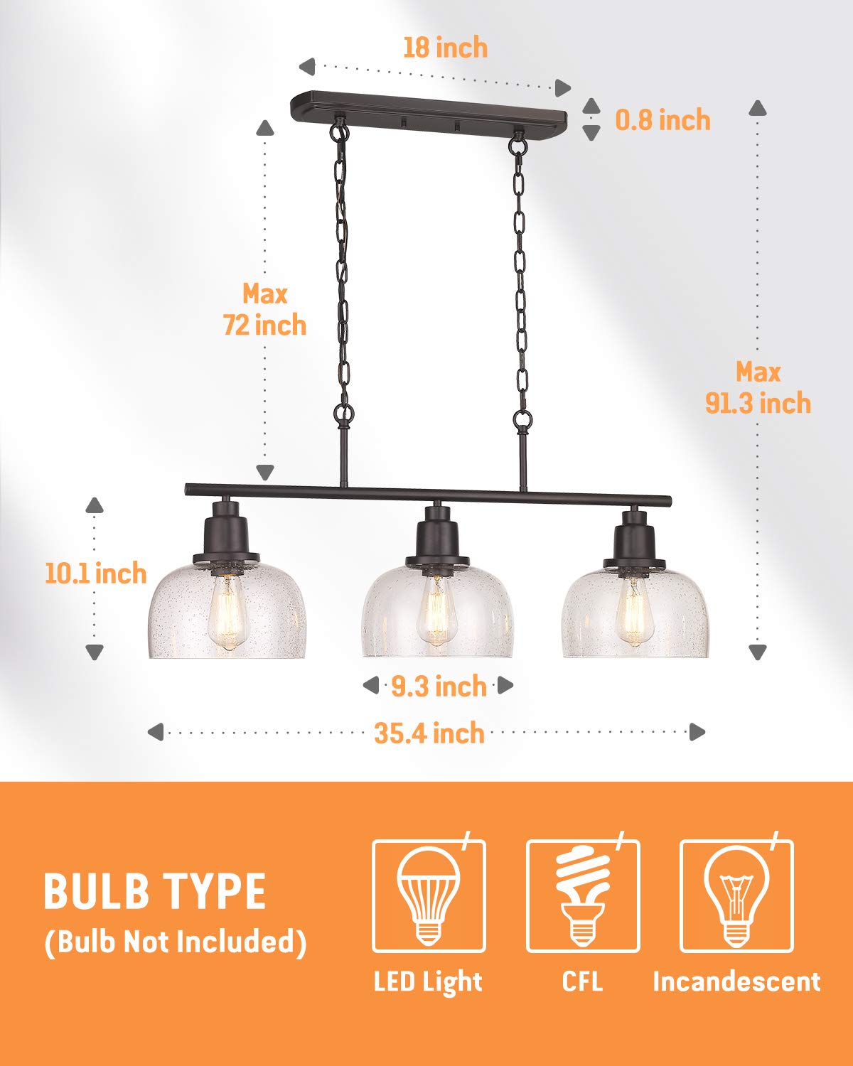 Eapudun 3-Light Farmhouse Chandelier, Oil Rubbed Bronze Pendant Light With Seeded Glass