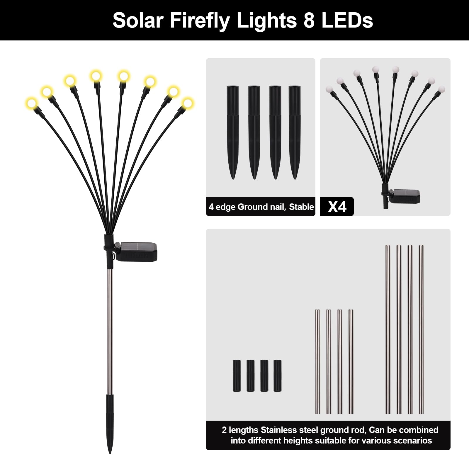 Galavasen Solar Firefly Lights, 8 Modes, Waterproof, Warm White, 4 Pack, Model Yhc007, Outdoor Garden Decor