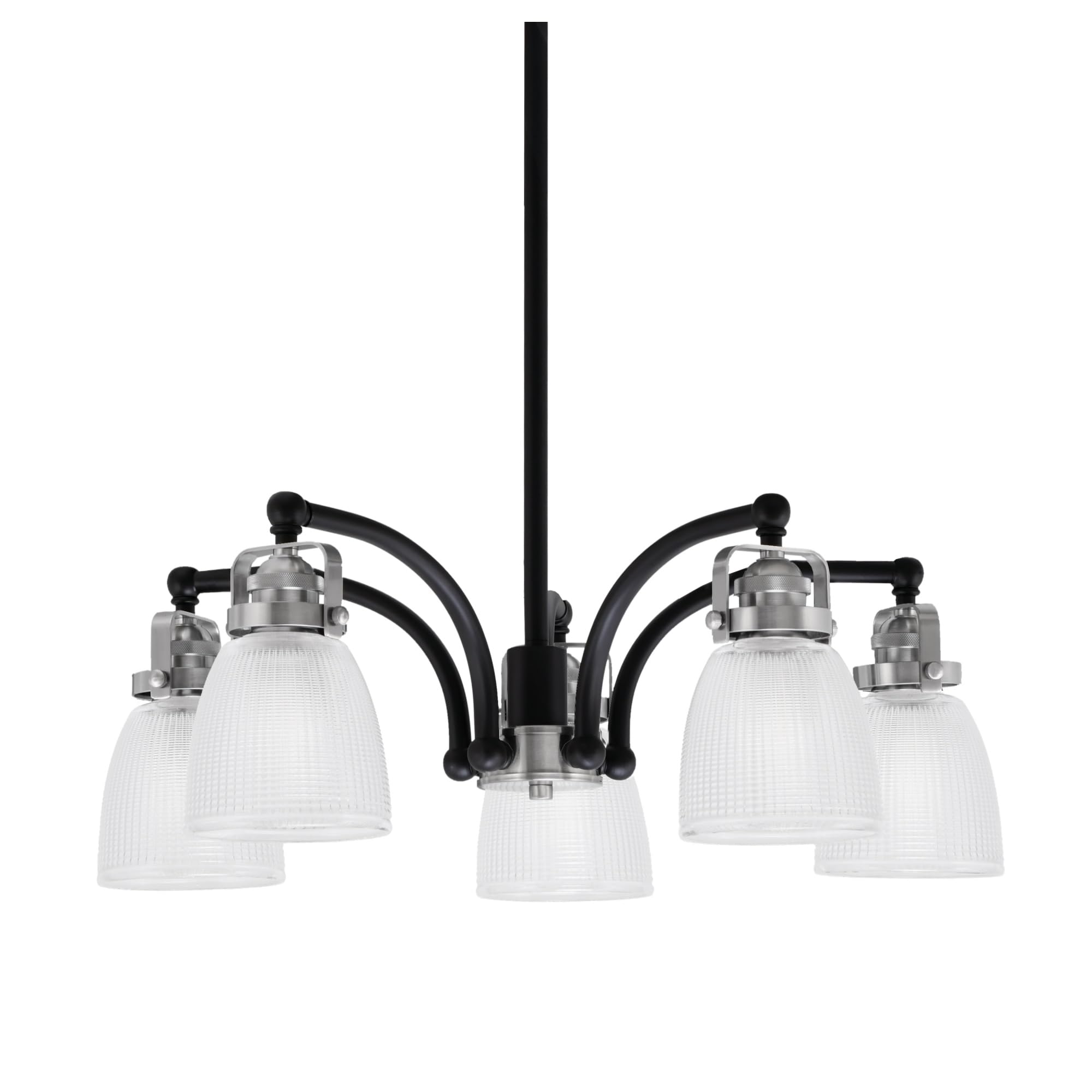 Easton Downlight, 5 Light, Chandelier Shown In Matte Black & Brushed Nickel Finish With 5&quot; Clear Ribbed Glass