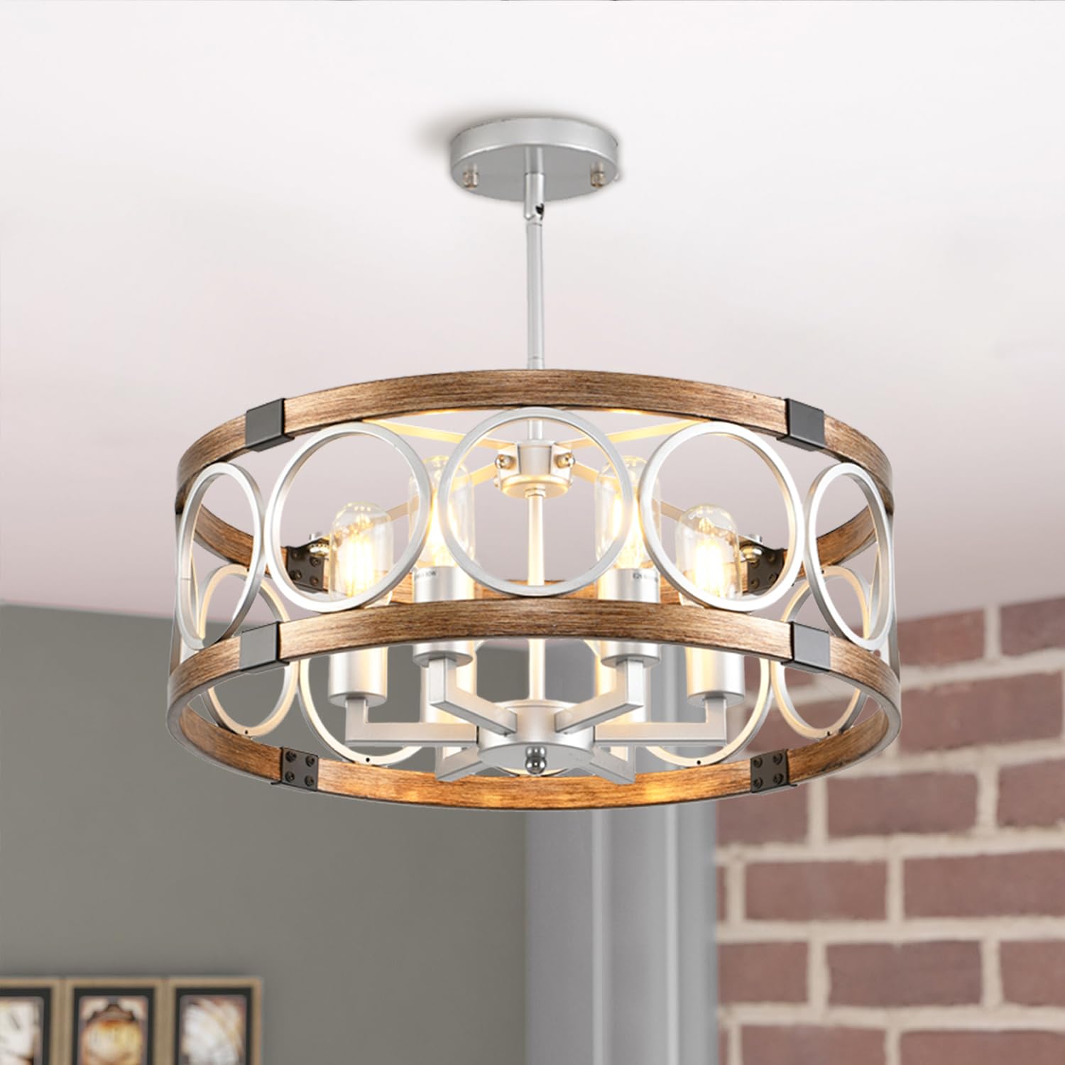 Shiandar Semi Flush Mount Ceiling Light Fixture Ceiling Mount 6-Light Rustic Farmhouse Chandelier For Dining Room,Modern Light Fixture Ceiling Mount Round Metal Kitchen Light Fixtures Ceiling Mount