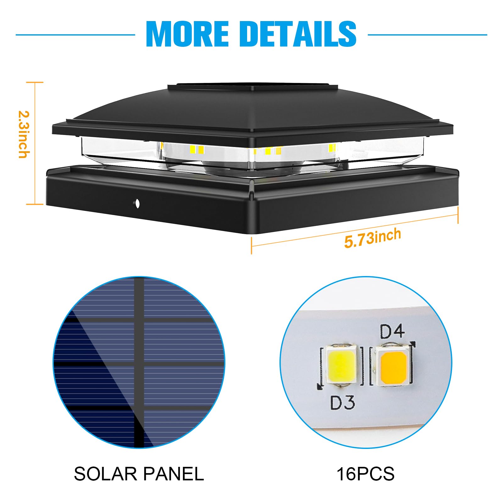 Volisun Solar Post Cap Light Outdoor Waterproof 4Pack,Solar Fence - Post Lights For 4X4 5X5 6X6 Wooden/Vinyl Post,Black Deck Pos