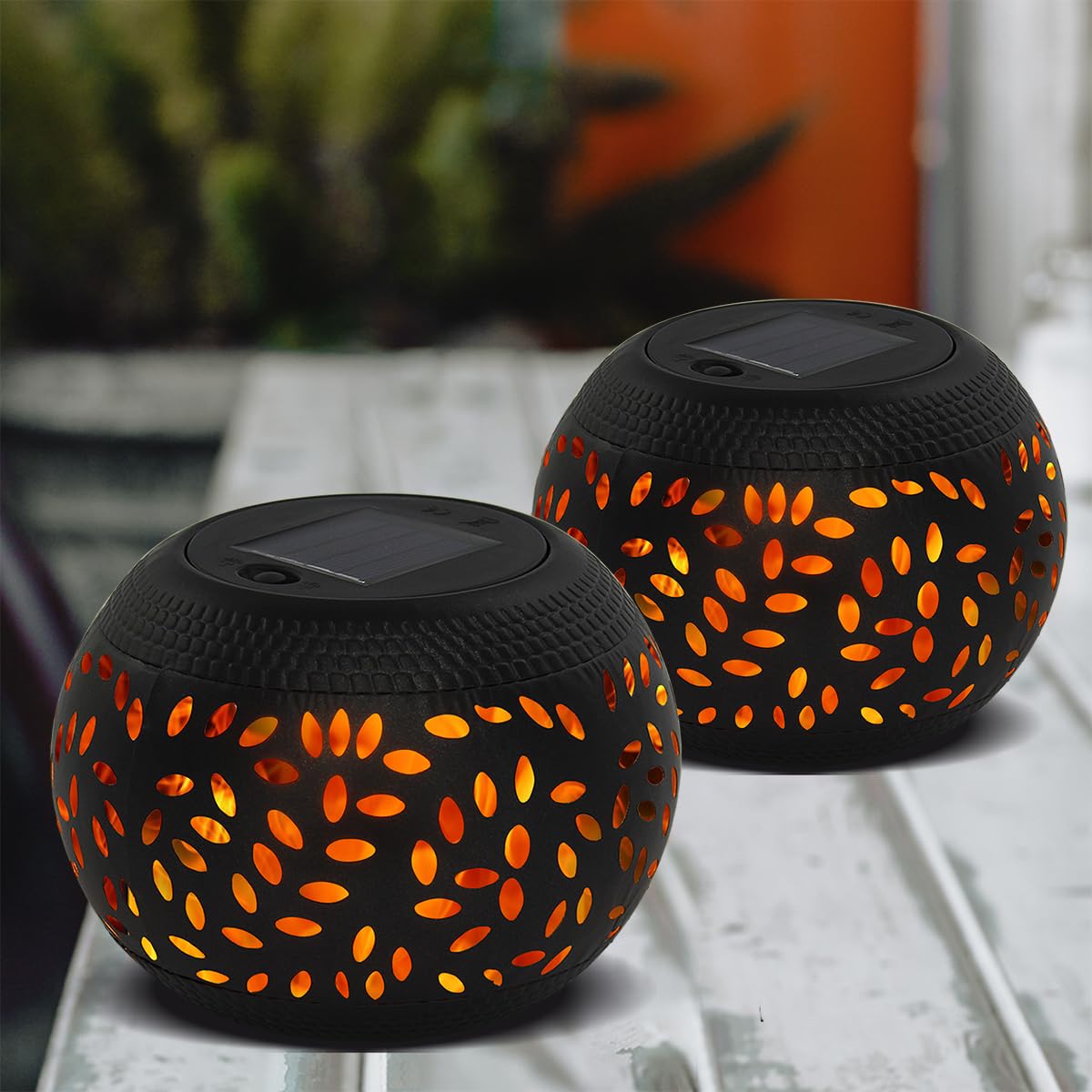 Solar Table Lanterns Outdoor Waterproof- 2 Pack Dancing Flickering Flame Solar Lights,Black Metal Desktop Decorative Lamps for G