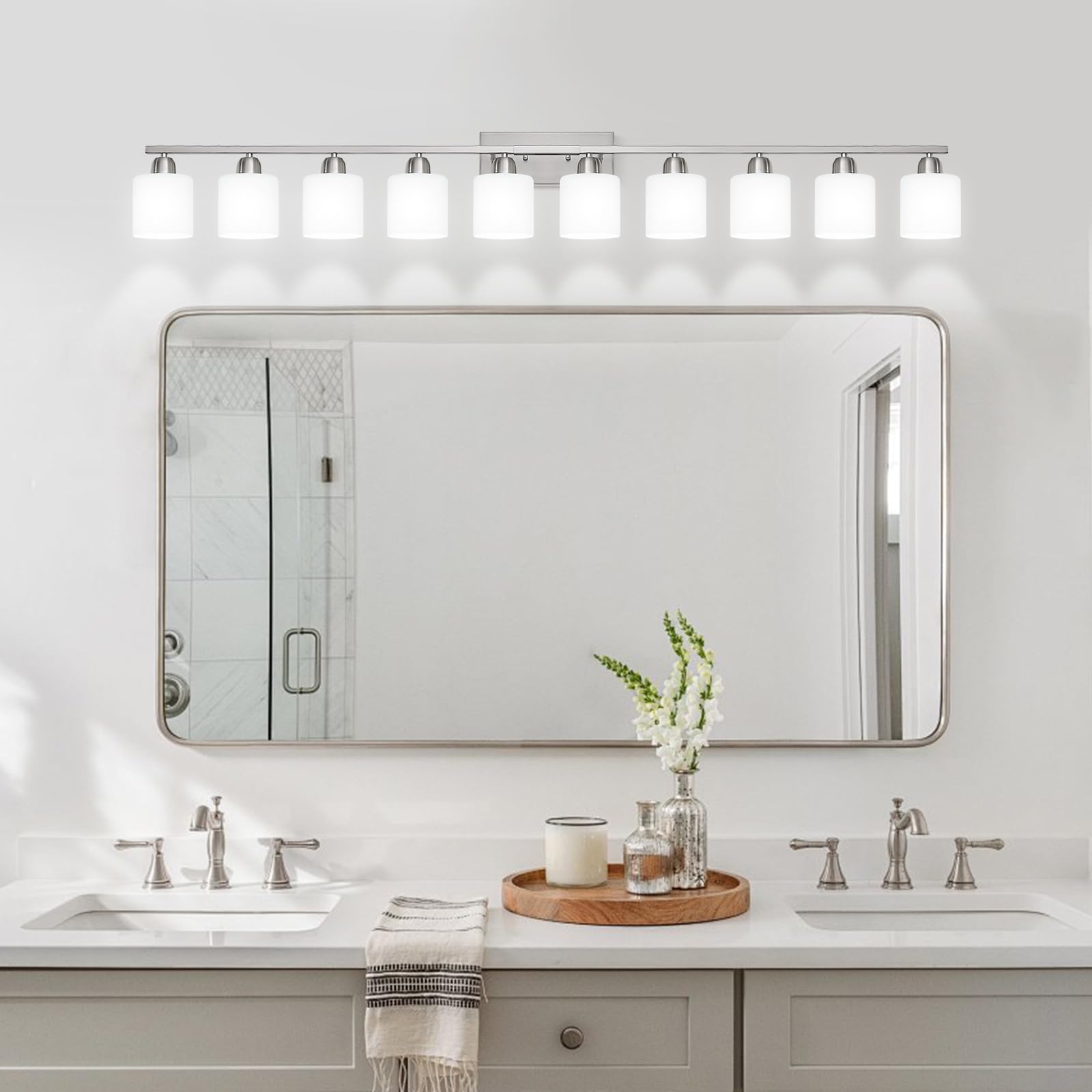 FAISHILAN 10-Light Brushed Nickel Bathroom Vanity Light, 65 inch Wall Lamp with Milky White Frosted Glass Shades, Model FSL-212--NBN-10