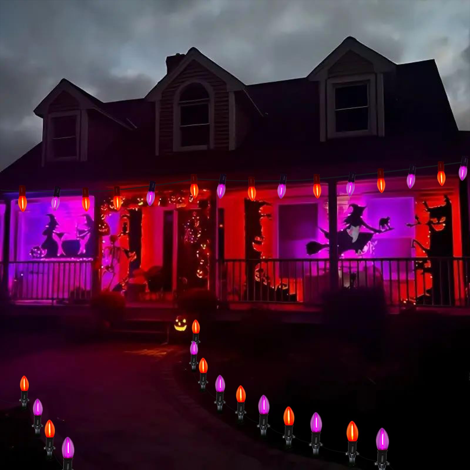 19.5Ft Led Halloween Pathway Lights Outdoor With 10 C9 Led Orange Purple Lights, Outdoor Halloween Decoration Pathway Marker Sta