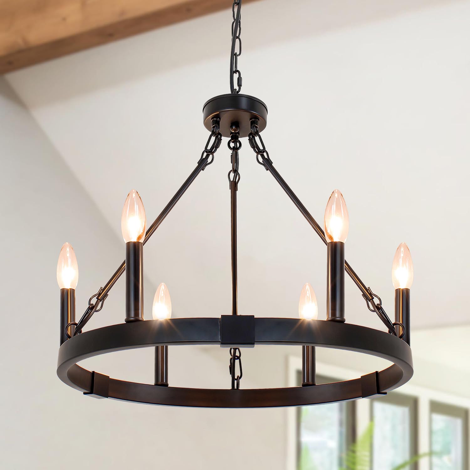 Rviezza Wagon Wheel Chandelier 6 Light, Black Farmhouse Chandelier 19.5'' Metal Round Dining Room Light Fixture Vintage Wheel Pe