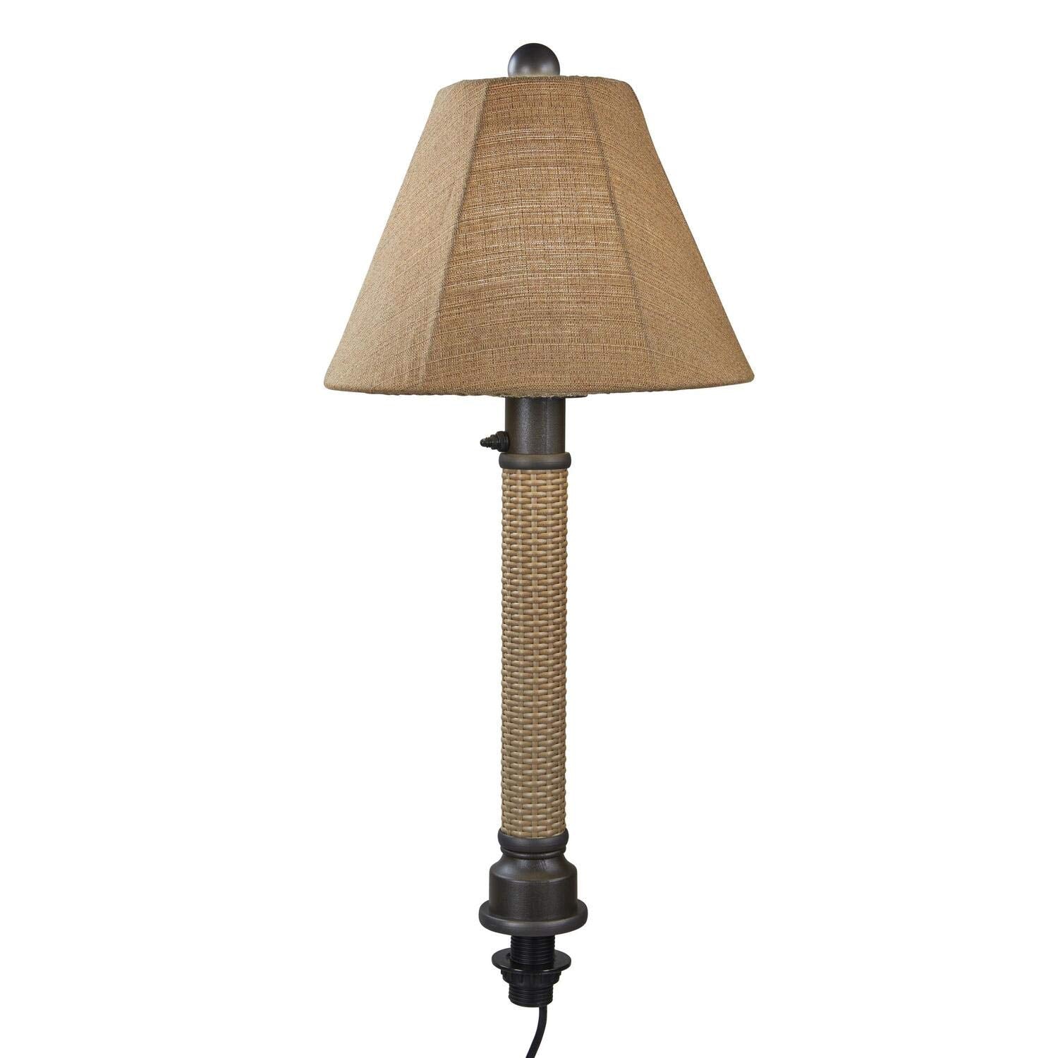 Umbrella Table Lamp 26784 with 2 inch mocha cream wicker and bronze tube body, straw linen Sunbrella shade fabric