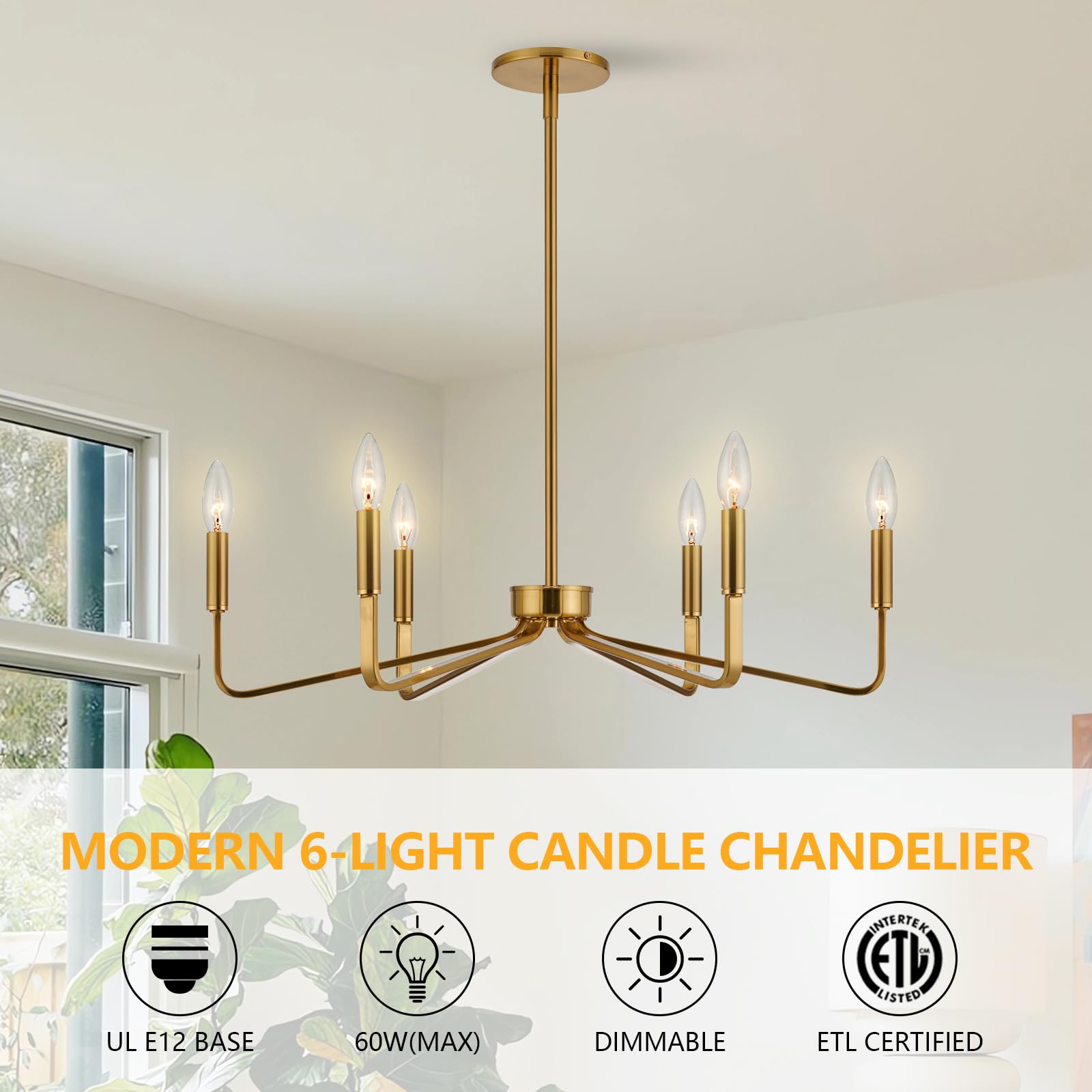 ACANER 6-Light Gold Farmhouse Chandelier, Brushed Brass Metal Lighting for Dining Room, Living Room, Kitchen Island - Model 955a8b0c