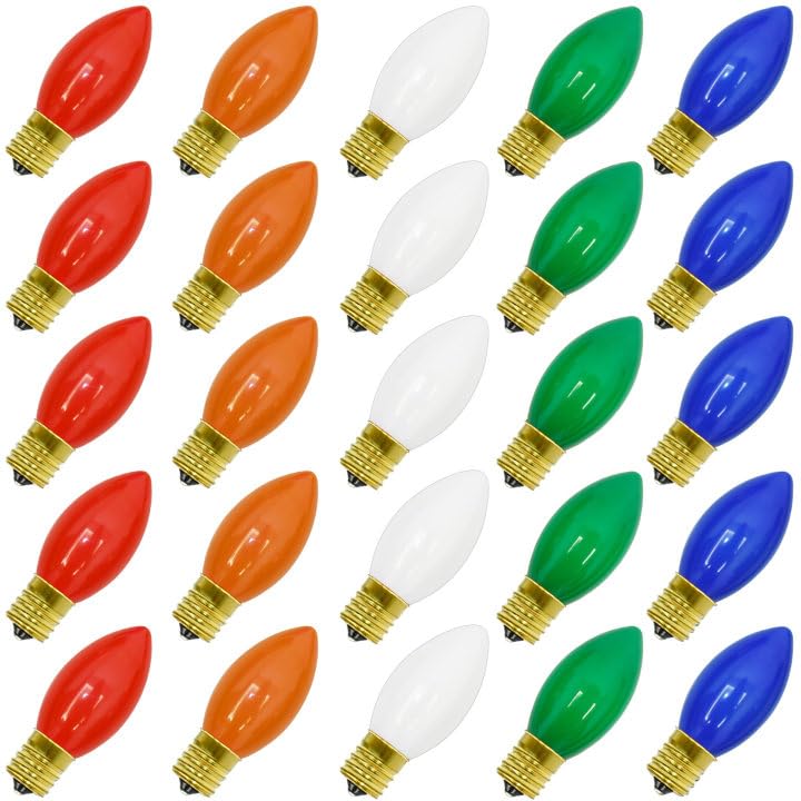 C9 Multicolor Christmas Replacement Bulbs 25 Pack - E17 Intermediate Base 7W For Outdoor/Indoor Party & Decor