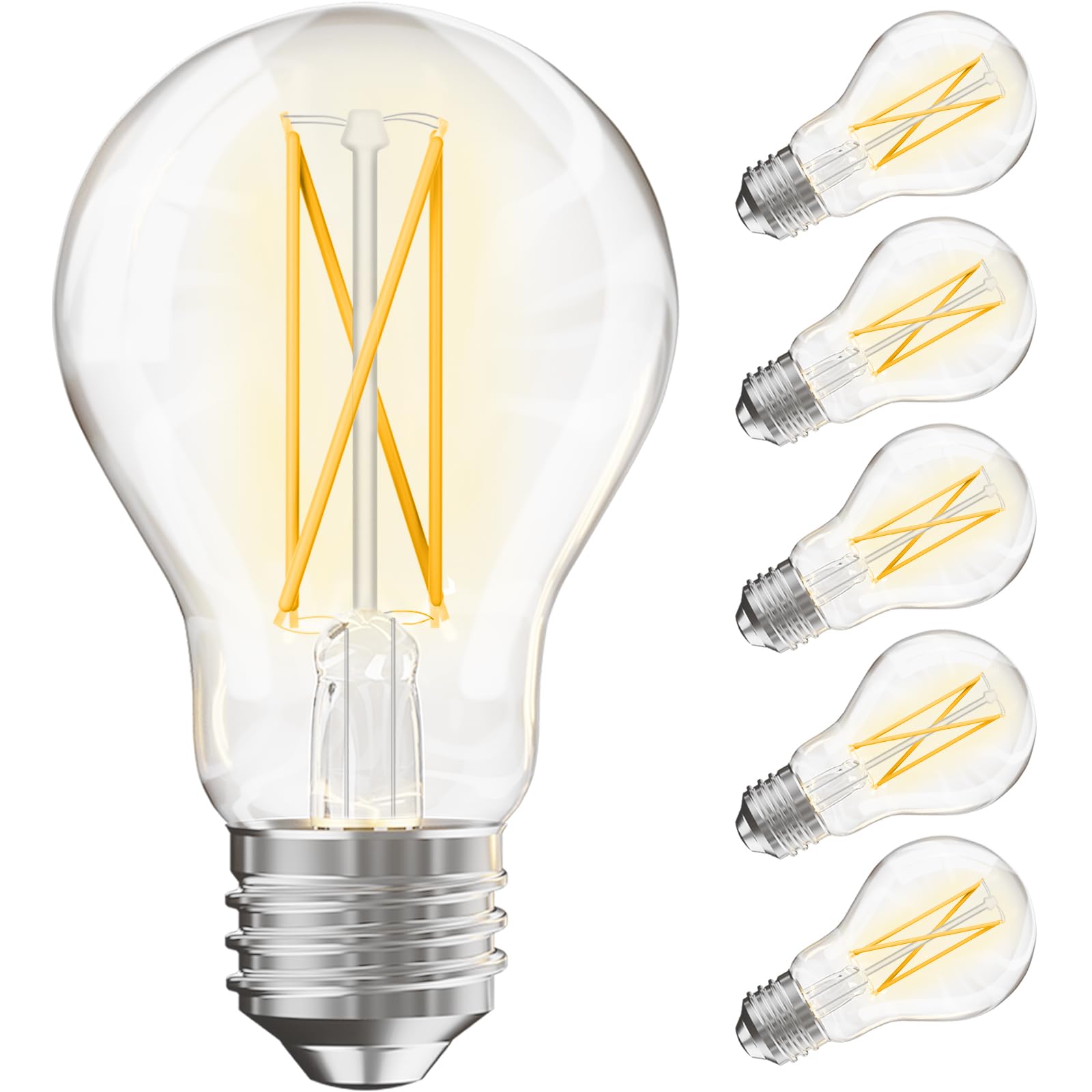 Volivo A19 Led Filament Bulbs 60W Equivalent 7W, Dimmable E26 Base 2700K Warm White, Vintage Clear Glass 800Lm 80Cri, 6-Pack