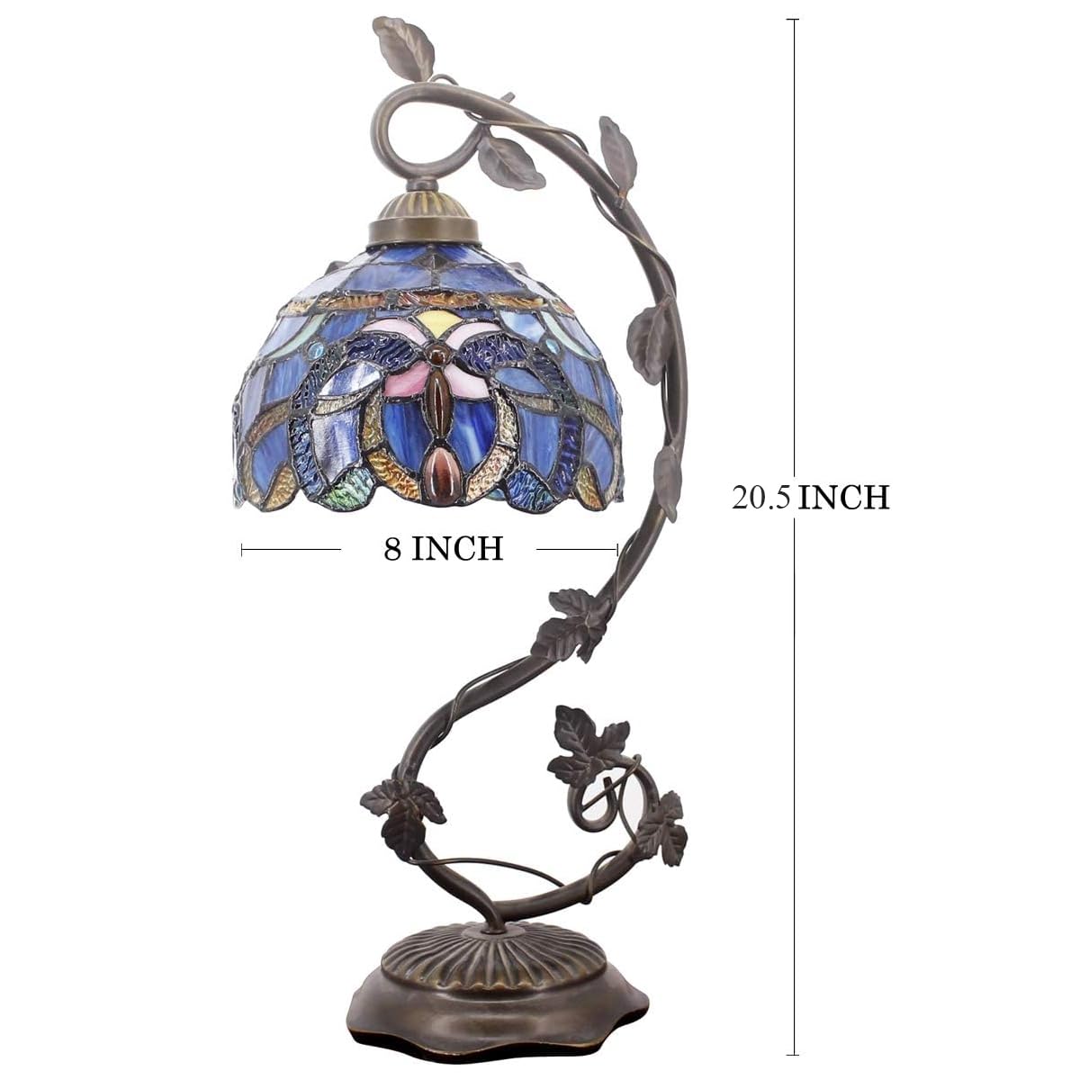 WERFACTORY Tiffany Table Lamp, Blue Purple Cloudy Glass, 8X10X21 Inches, Metal Leaf Base, S558 Series, Ideal for Bedroom or Office