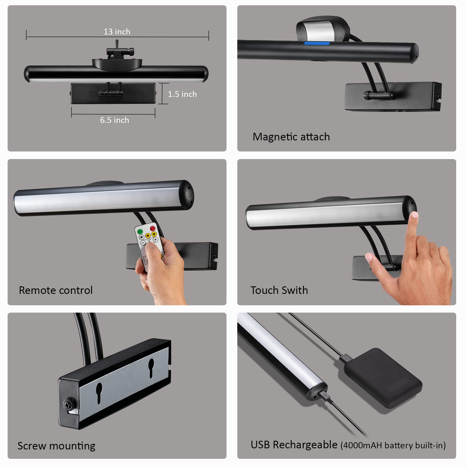 VIGMOJ Wireless LED Picture Light with Remote, 300LM Brightness, Black, Model J03-huadeng, Rechargeable Battery for Art Display