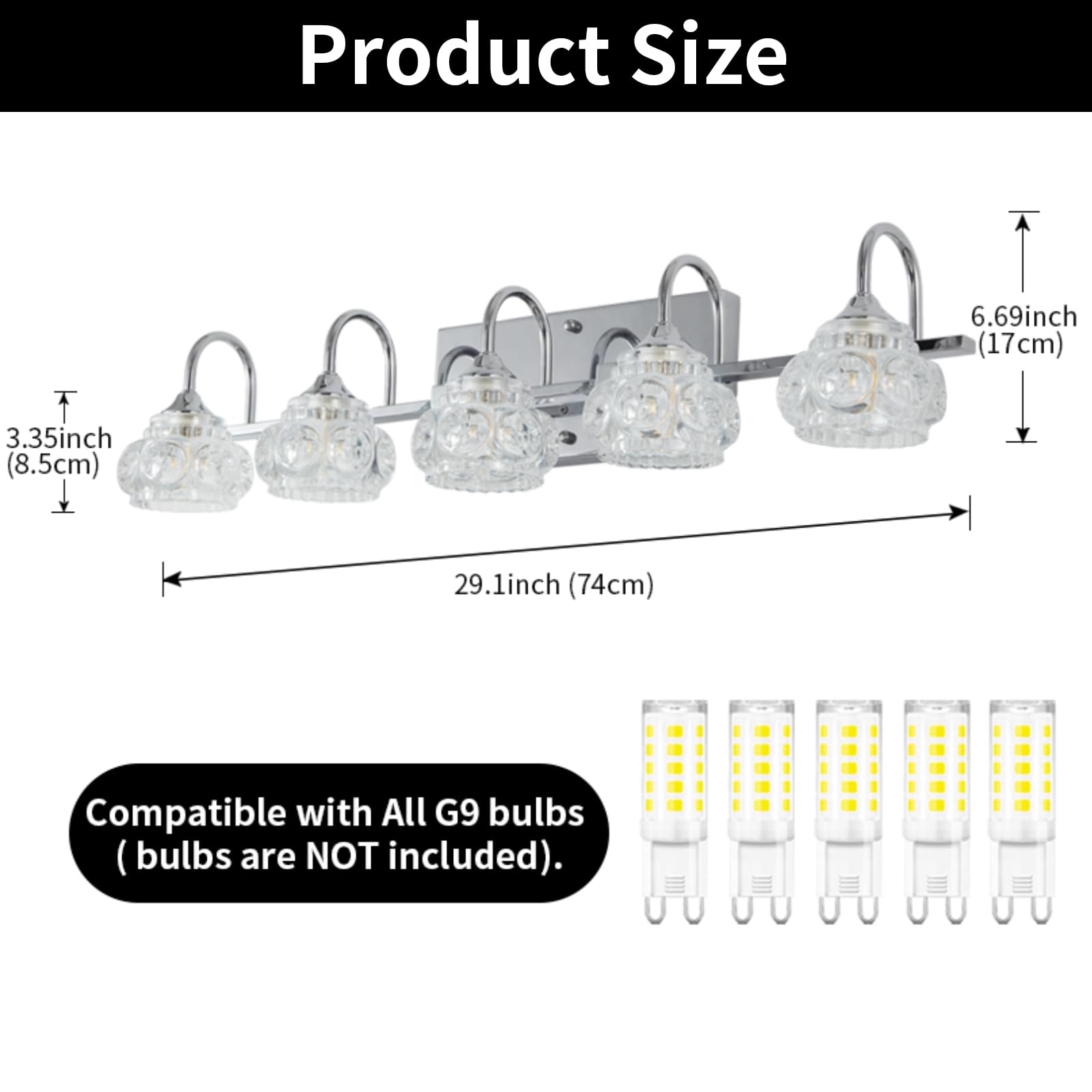 Dikaida 5-Light Bathroom Light Fixtures, Nickel Vanity Lights With Crystal Glass Shade, Polished Chrome Bathroom Lights Over Mir