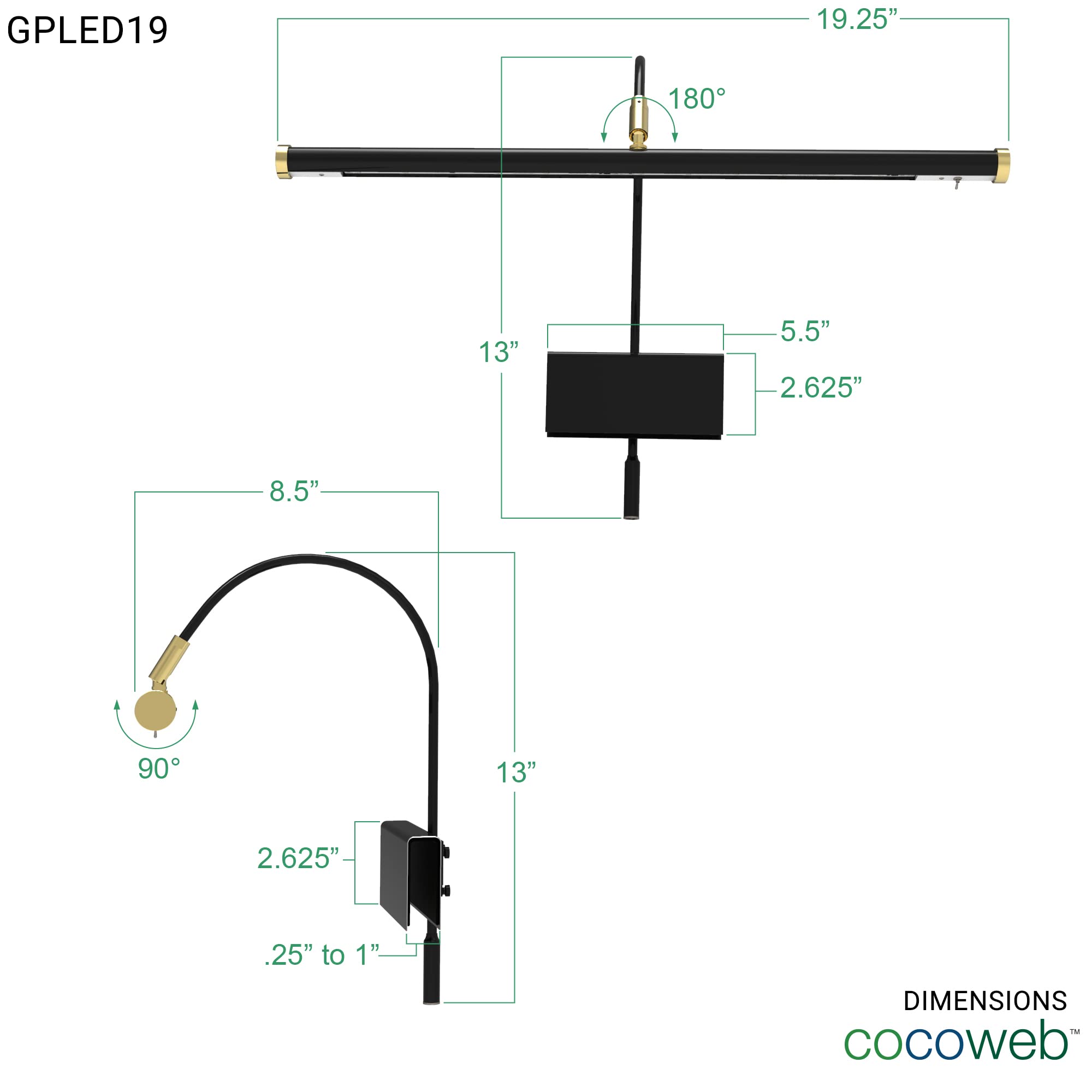 Cocoweb 19&quot; Grand Piano Lamp - Adjustable, Black With Brass Accents, Led Clip-On With Dimmer - Gpled19D