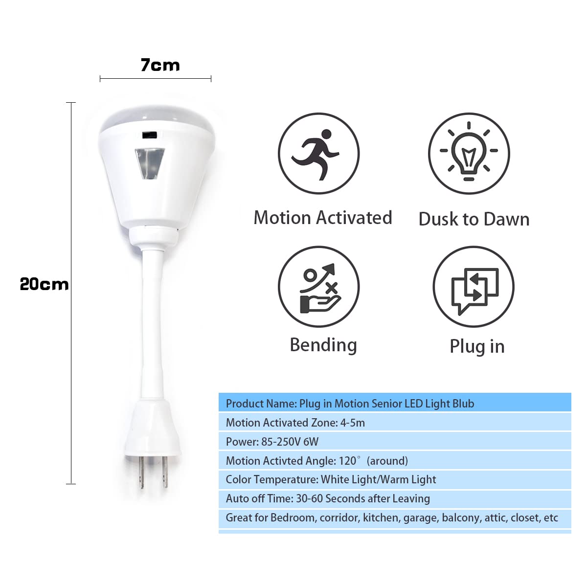 eyesfon Plug in Motion Sensor Night Light, LED 6W PIR Sensor, US Plug, White Light, Model XS-007C, Acrylonitrile Butadiene Styrene