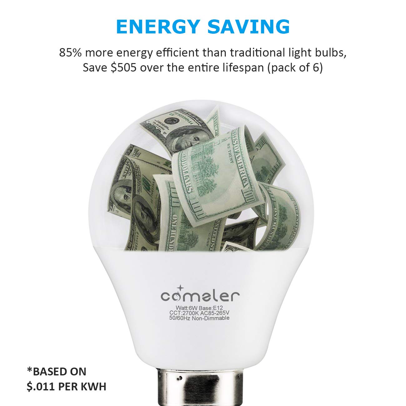 Comzler A15 Led Bulbs 60W Equivalent, Warm White 2700K,E12 Small Base Led Round Light Bulb For Ceiling Fan, No Dimmable,6 Pack