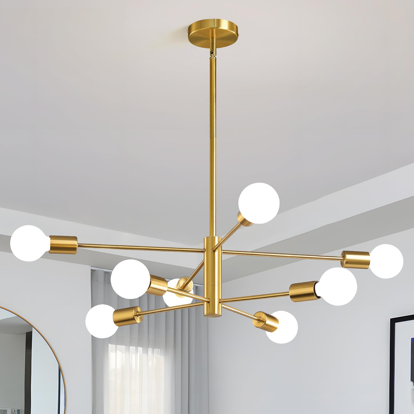 KAISITE Modern Chandelier Sputnik Ceiling Light Fixture 8-Light Gold Chandelier Dining Room Light Over Table Height Adjustable M