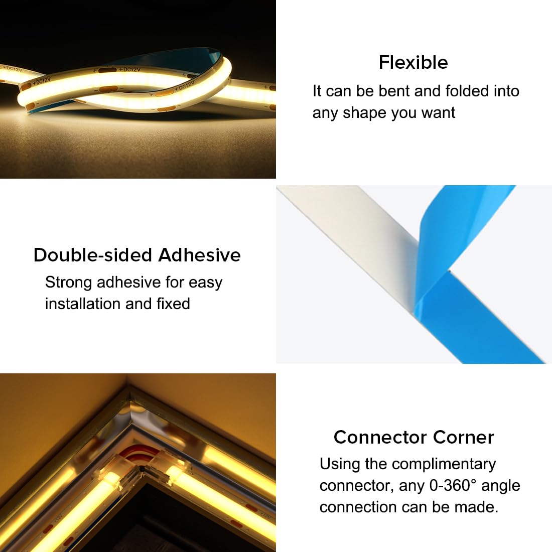 FCOB COB LED Strip Light 16.4FT IP65 Waterproof DC12V 320LEDs/m Warm White 3000K Dimmable Model FCOB5M12V8