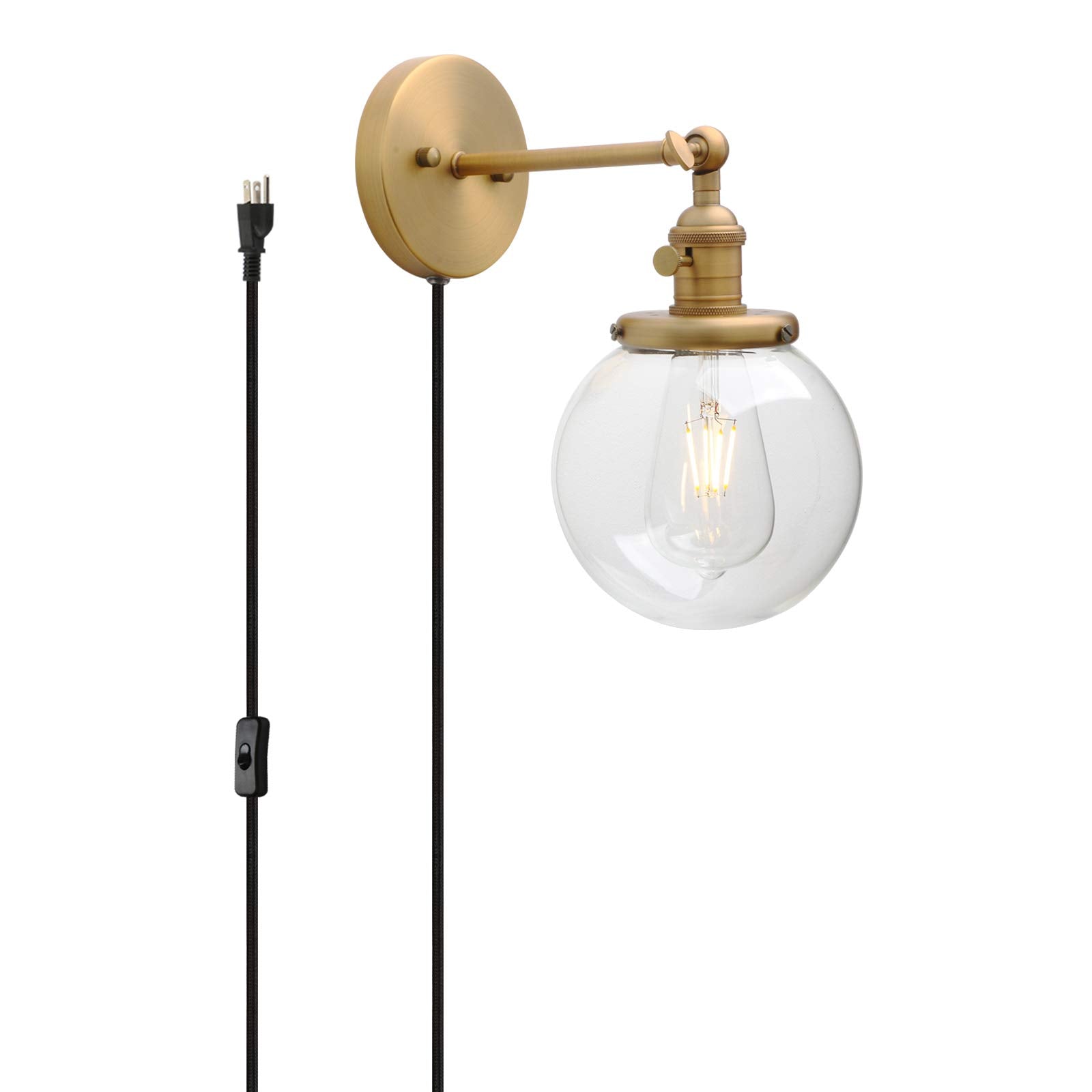 Permo Plug In Sconce On/Off Switch Wall Sconce With 5.9 Round Globe Clear Glass Shade Vintage Industrial 1-Light Wall Lamp Light