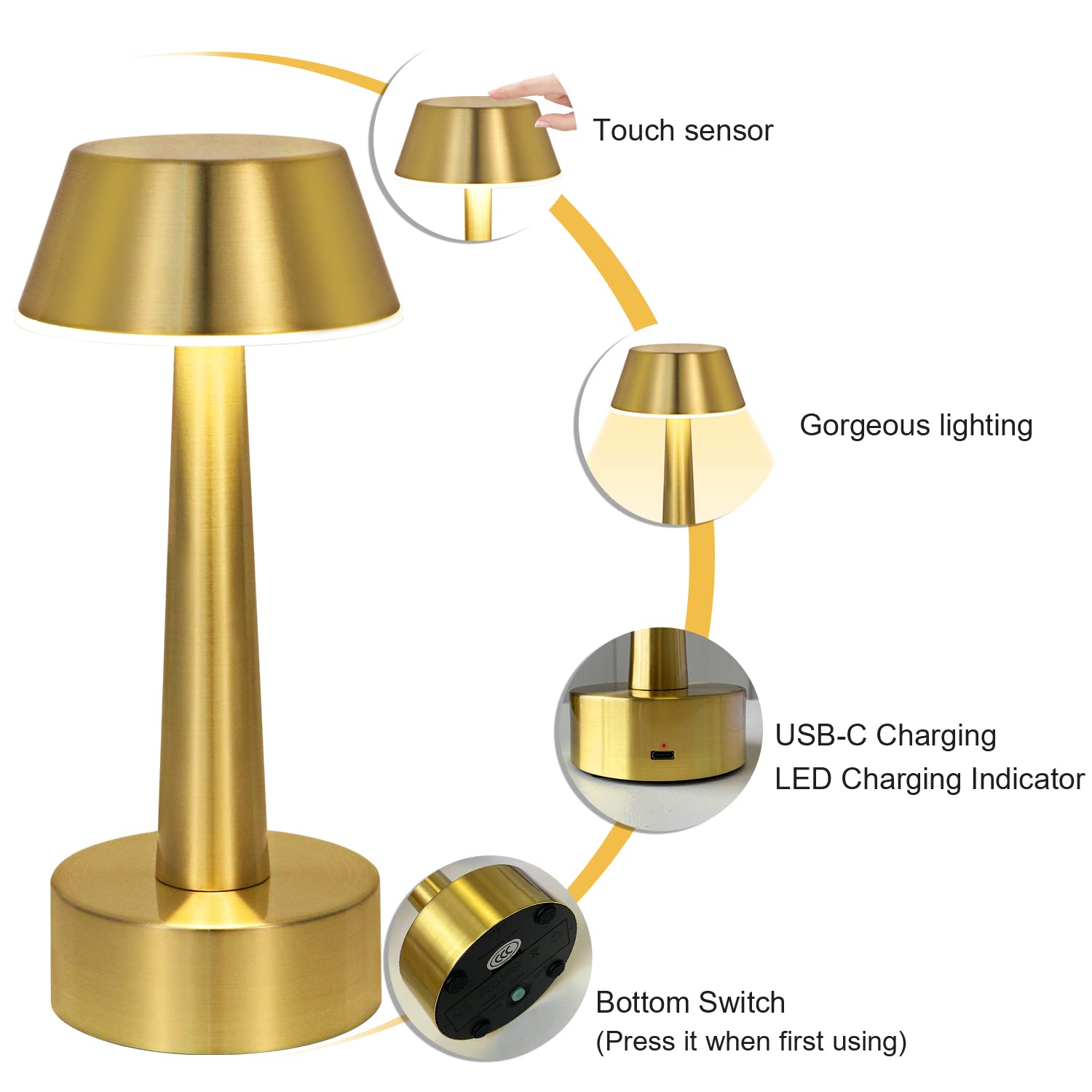 UMEXUS Rechargeable Cordless Table Lamp - 2 Pack, Small LED Touch 3-Color Dimming, Portable Gold Nightstand Lighting for Bedroom & Outdoor