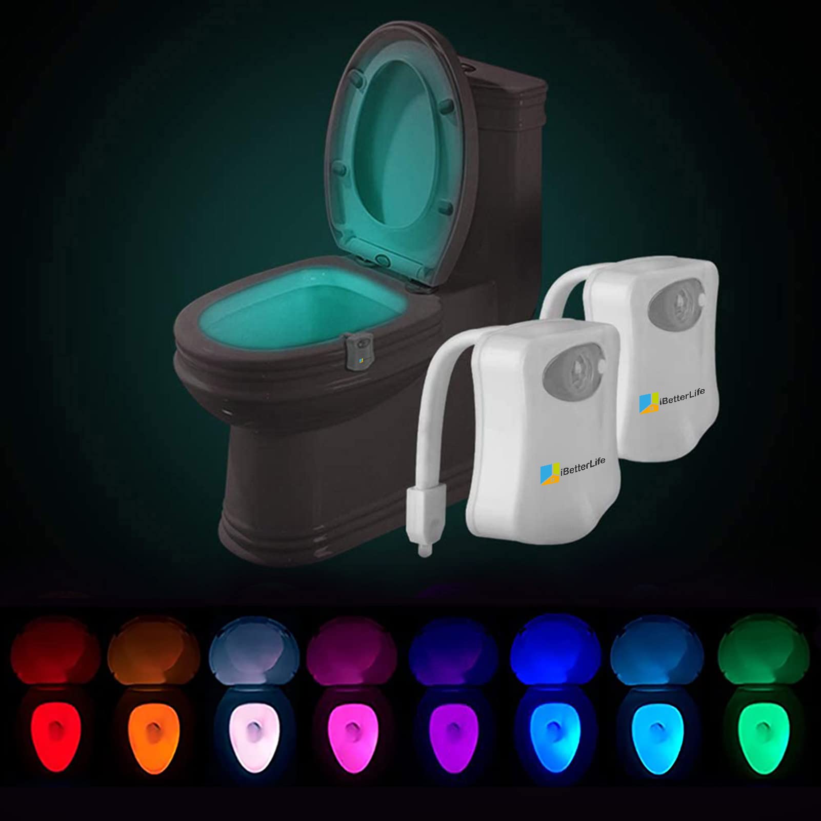 iBetterLife Toilet Light Motion Sensor - 8 Color Changing LED Night Light for Bathroom, 2-Pack, Original Design