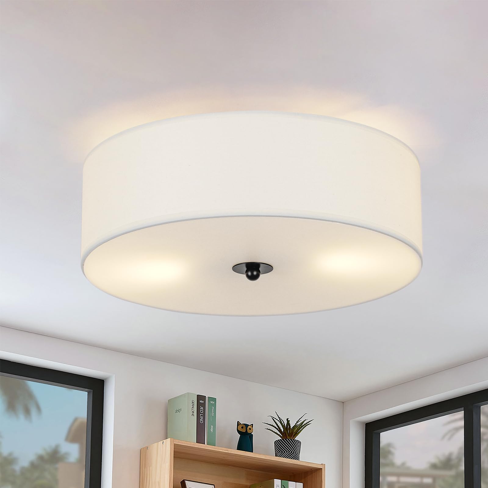 CALOKES Flush Mount Ceiling Light Fixture, 13'' Close to Ceiling Light with White Fabric Linen Drum Shade, 2-Light Modern Round 